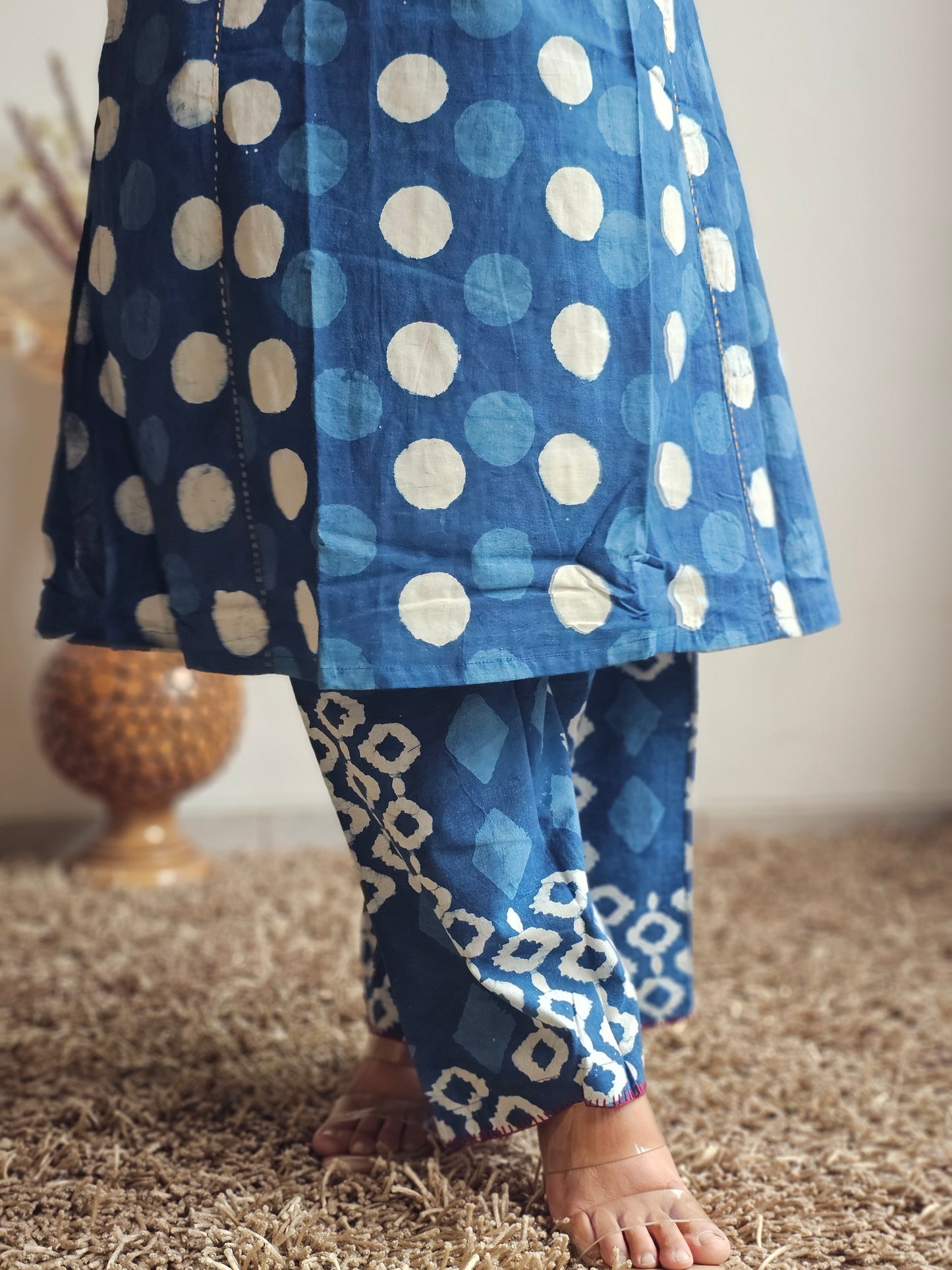 Indigo Polka Dot Print Kurta Set