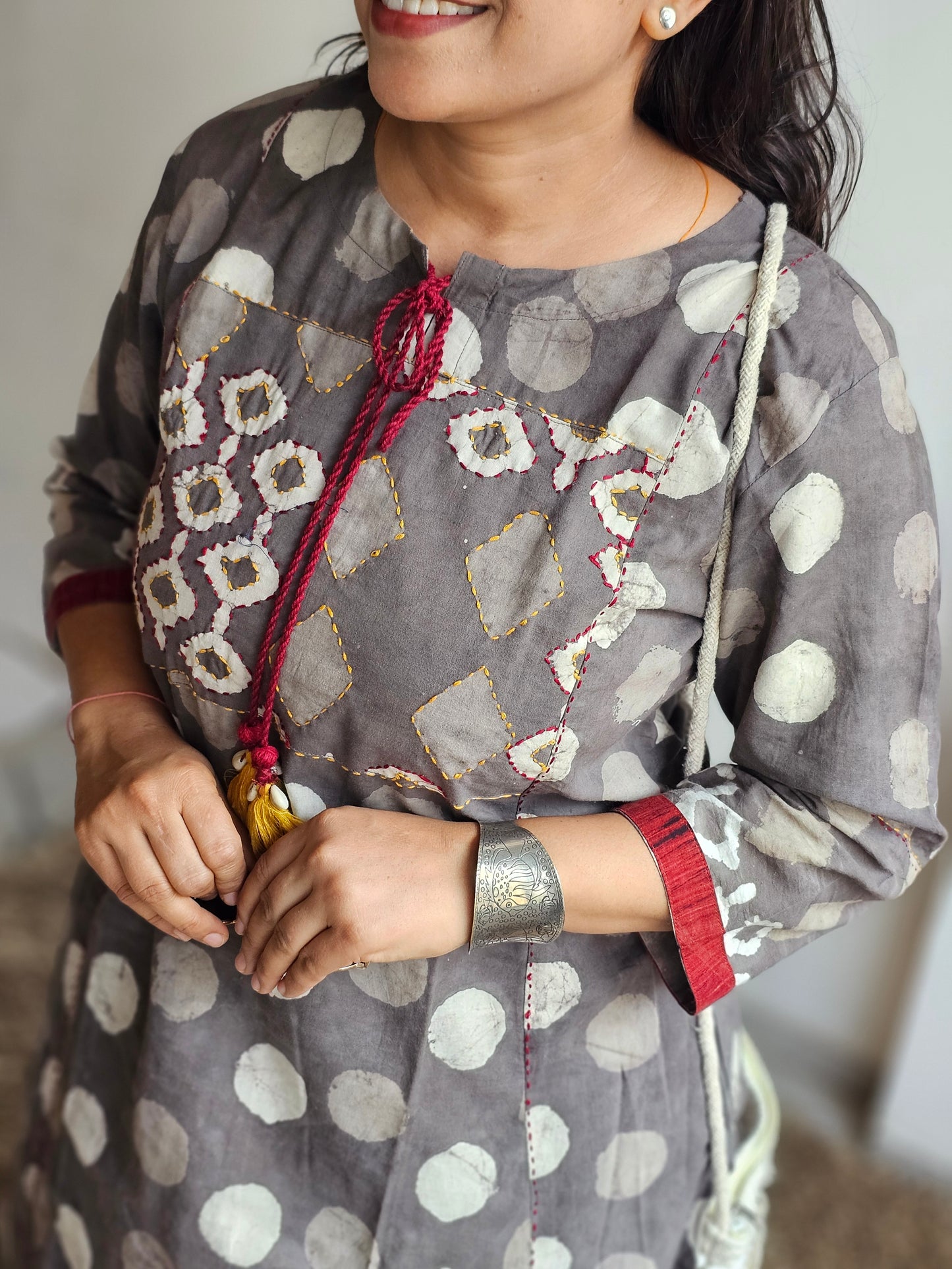 Grey Polka Dot Print Kurta Set
