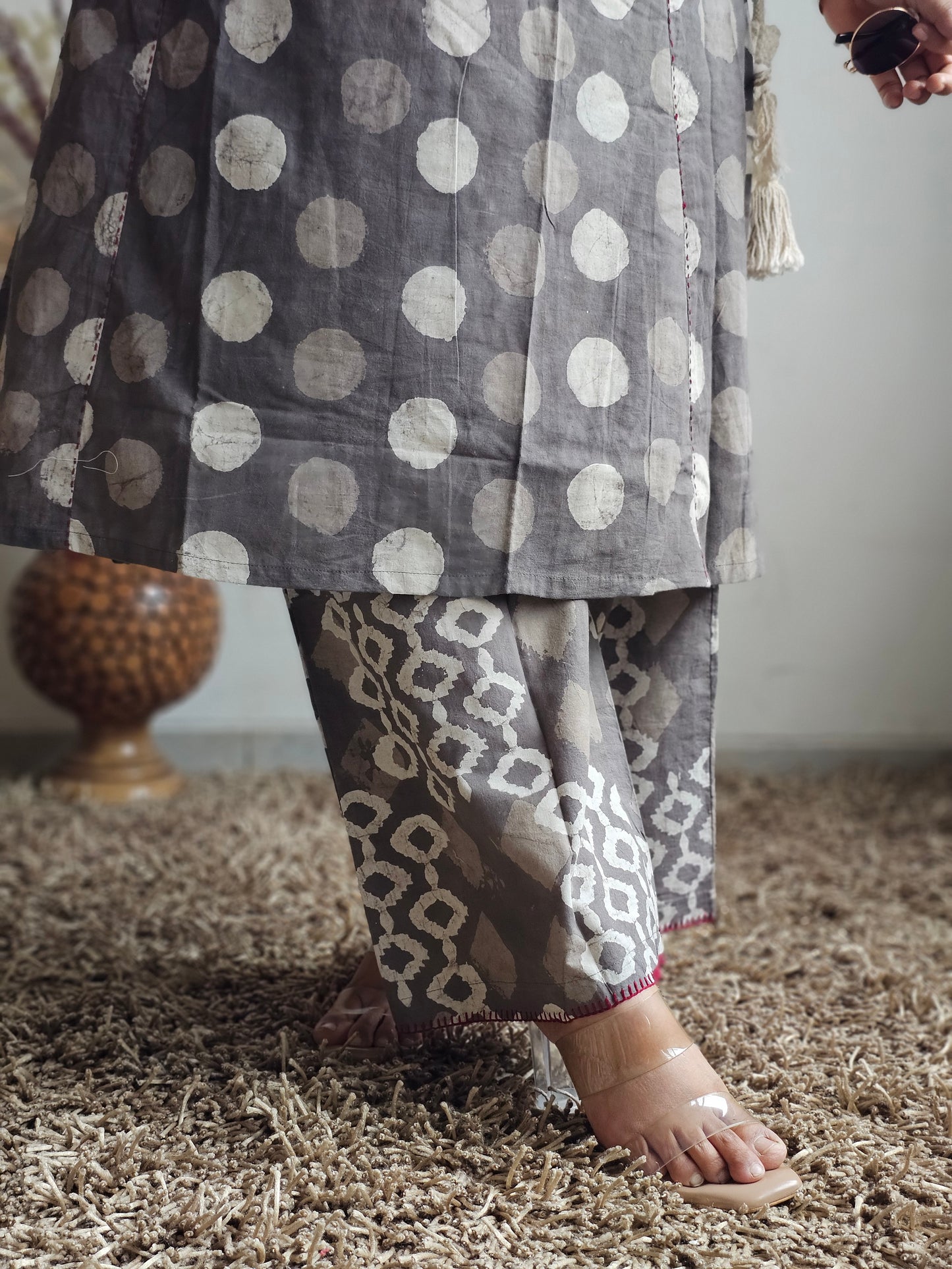 Grey Polka Dot Print Kurta Set
