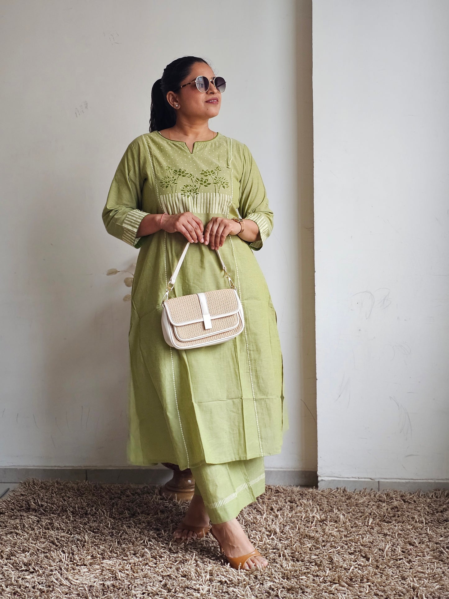 Green Floral Yoke A-Line Kurta Set