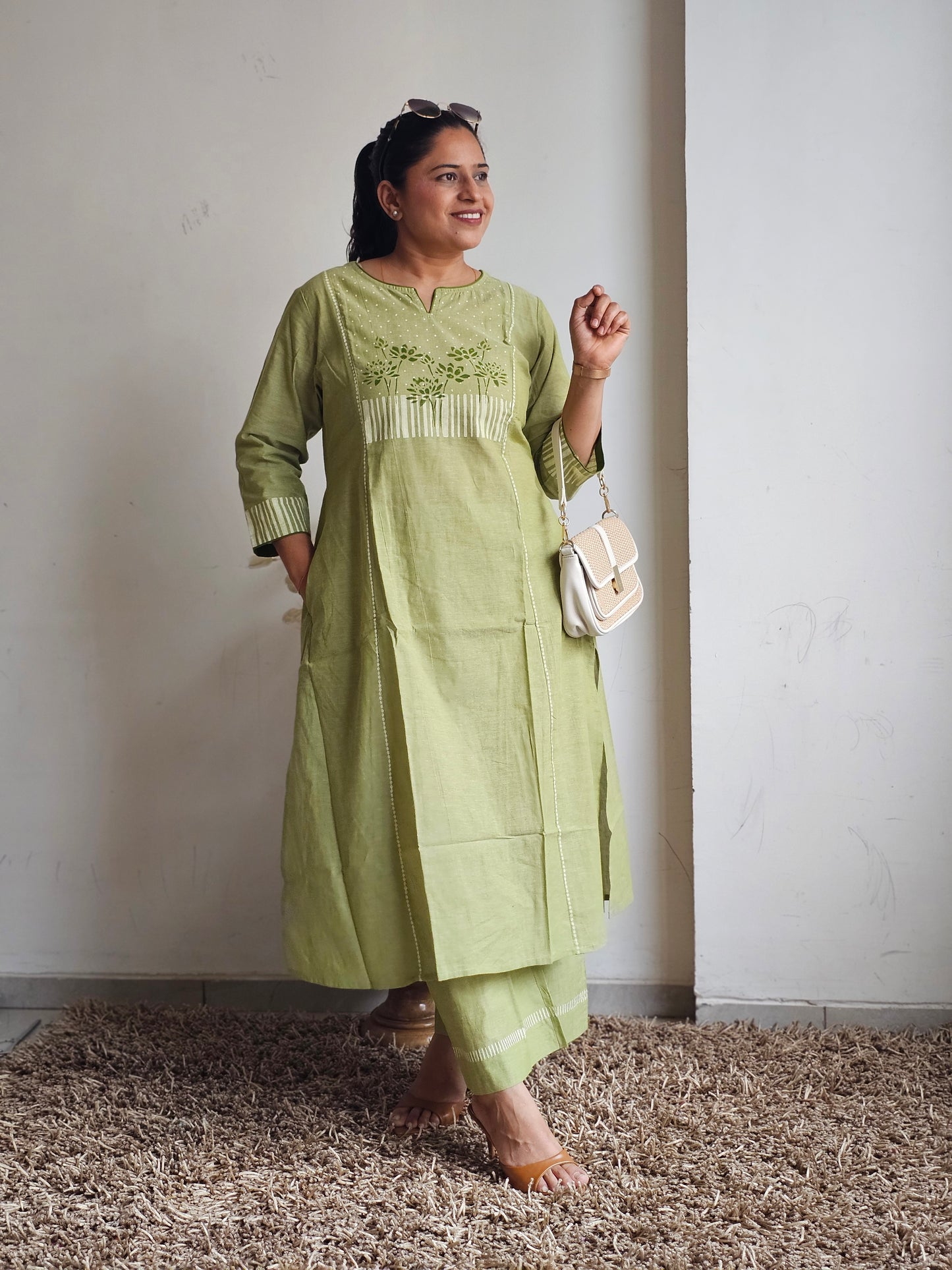 Green Floral Yoke A-Line Kurta Set