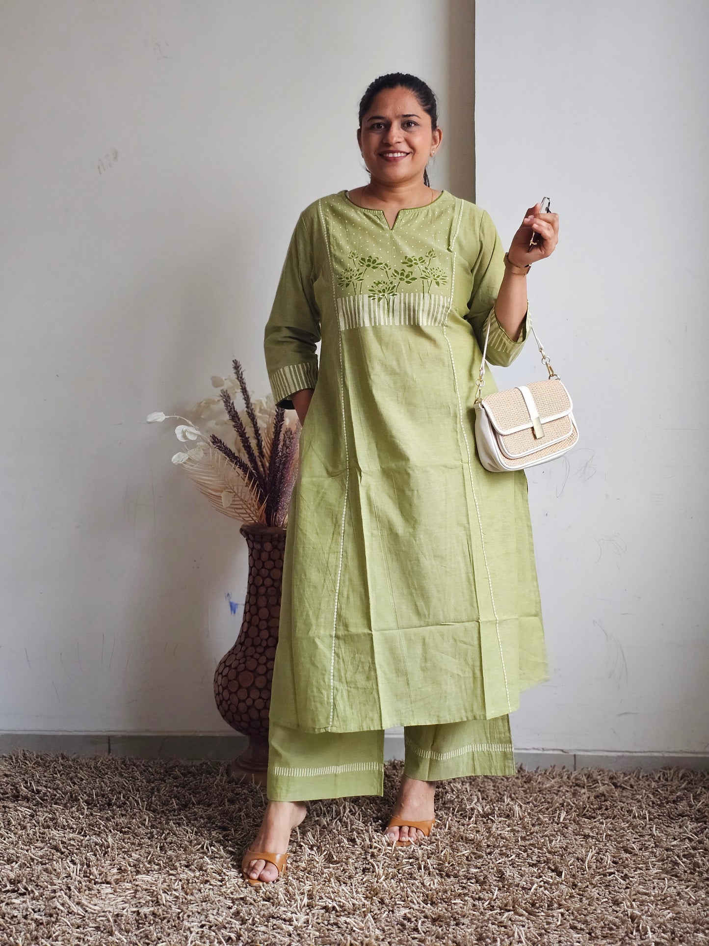 Green Floral Yoke A-Line Kurta Set
