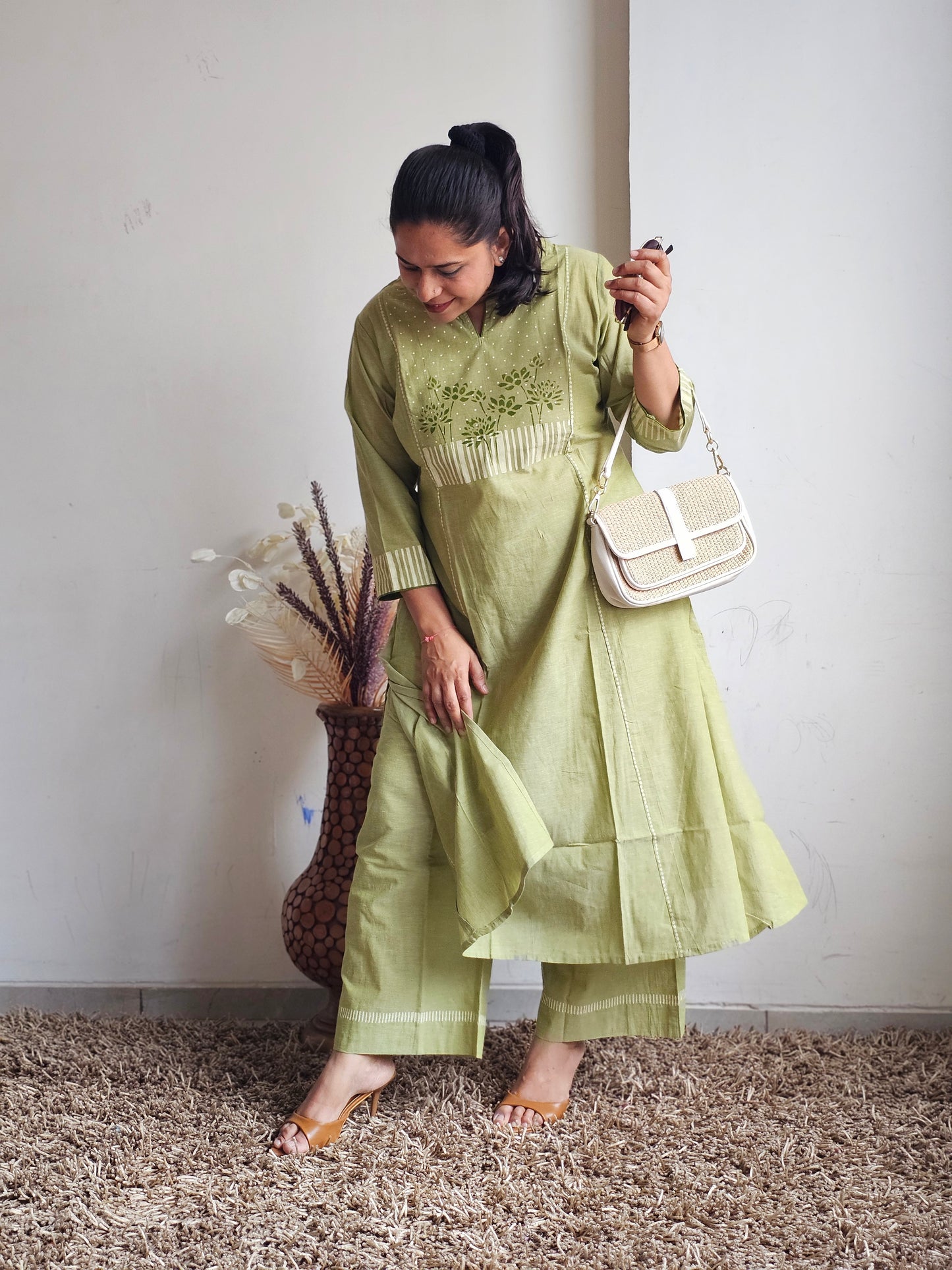 Green Floral Yoke A-Line Kurta Set