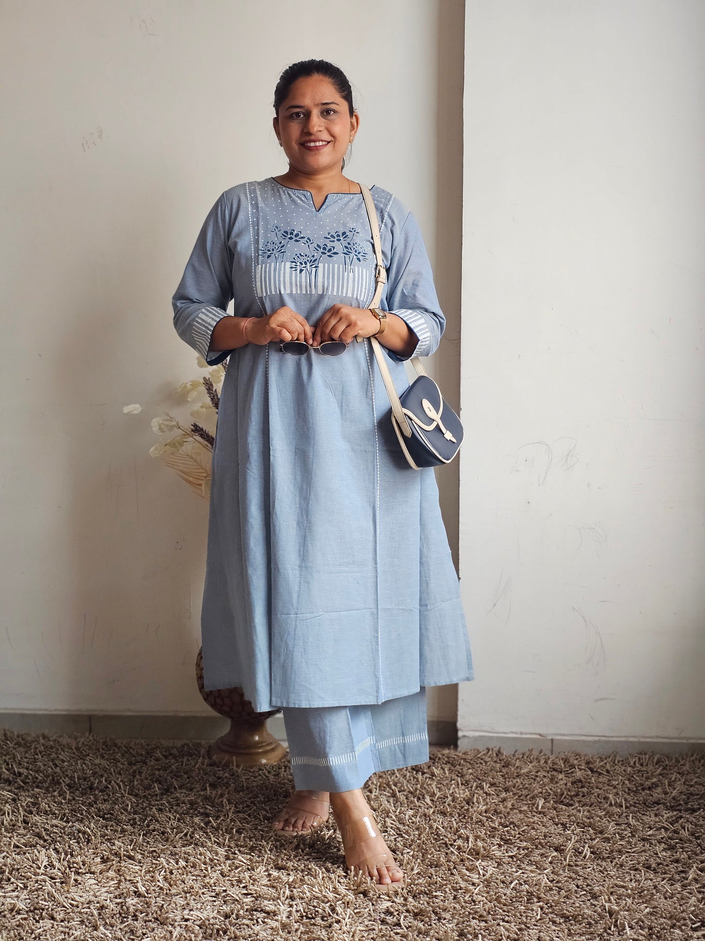 Blue Floral Yoke A-Line Kurta Set