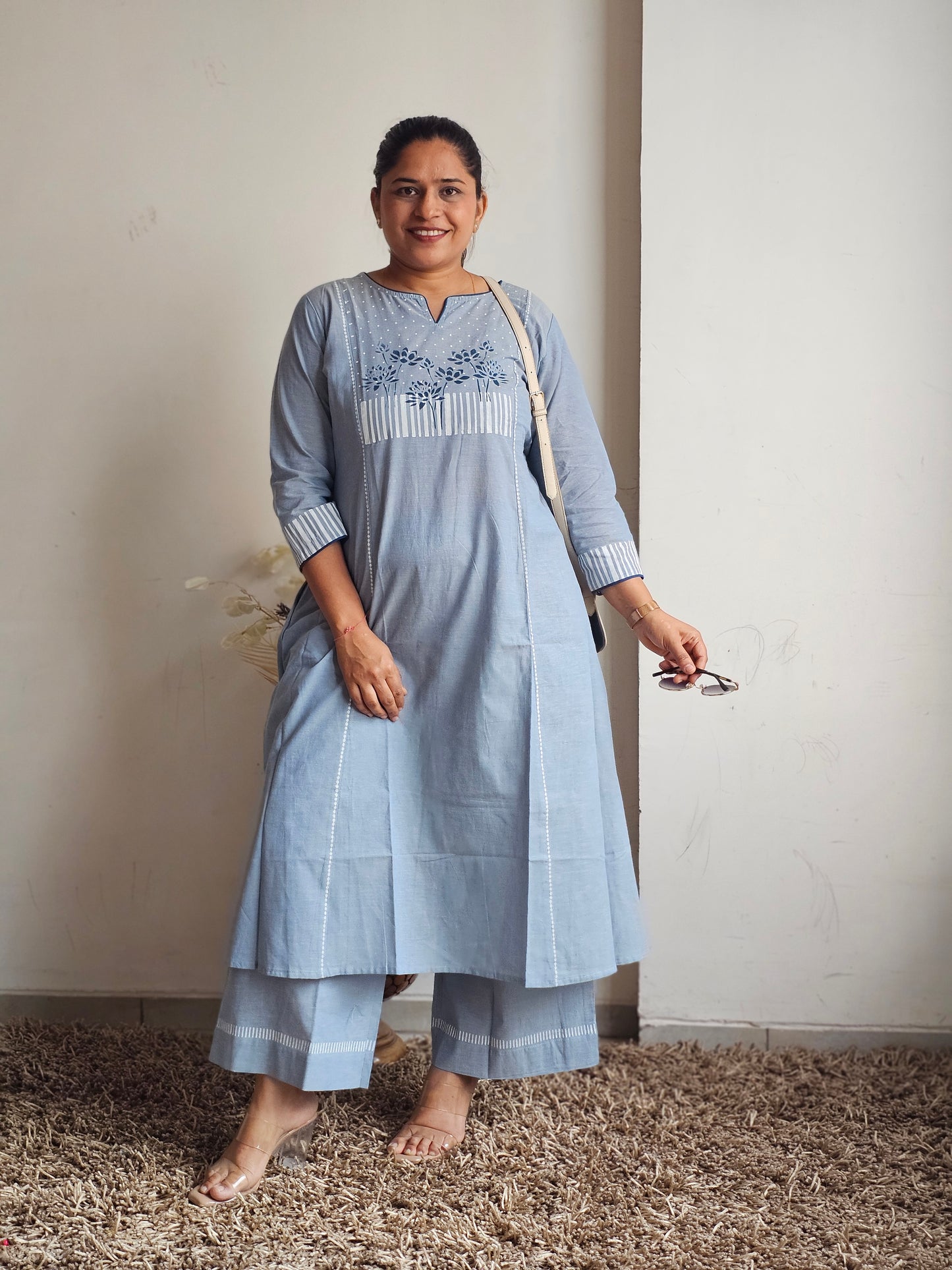 Blue Floral Yoke A-Line Kurta Set