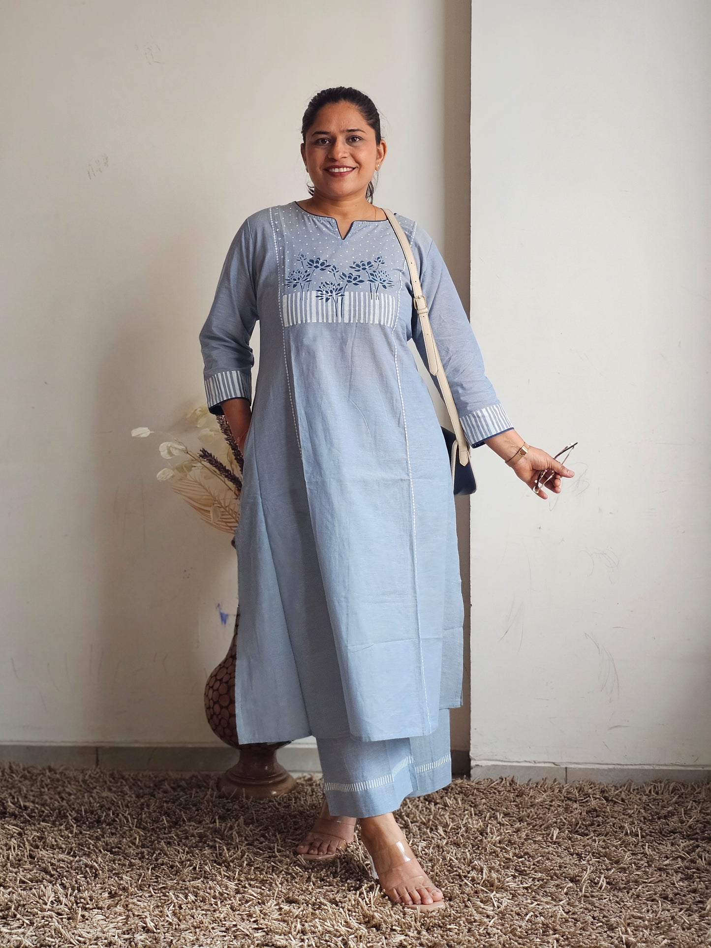Blue Floral Yoke A-Line Kurta Set