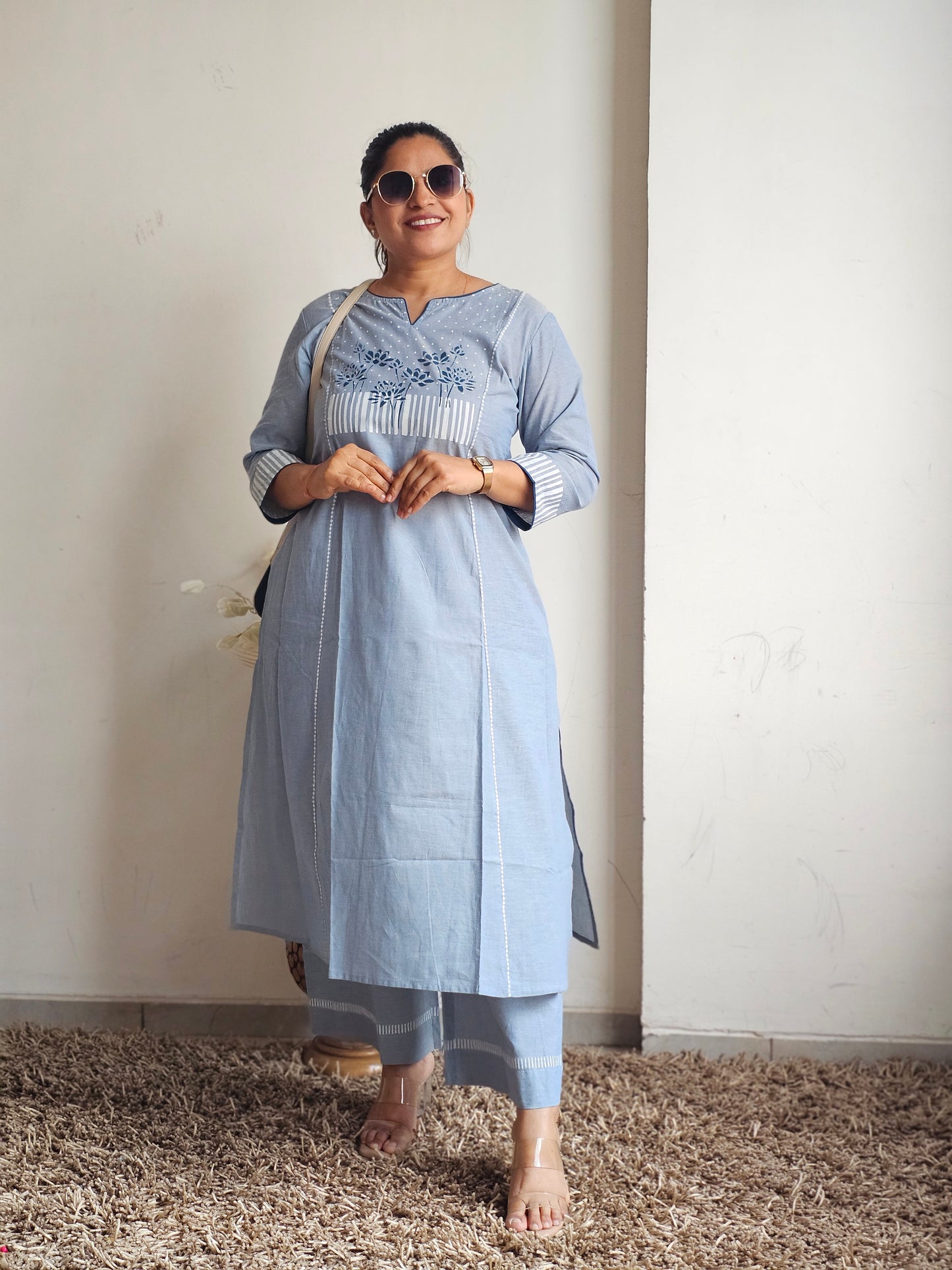Blue Floral Yoke A-Line Kurta Set