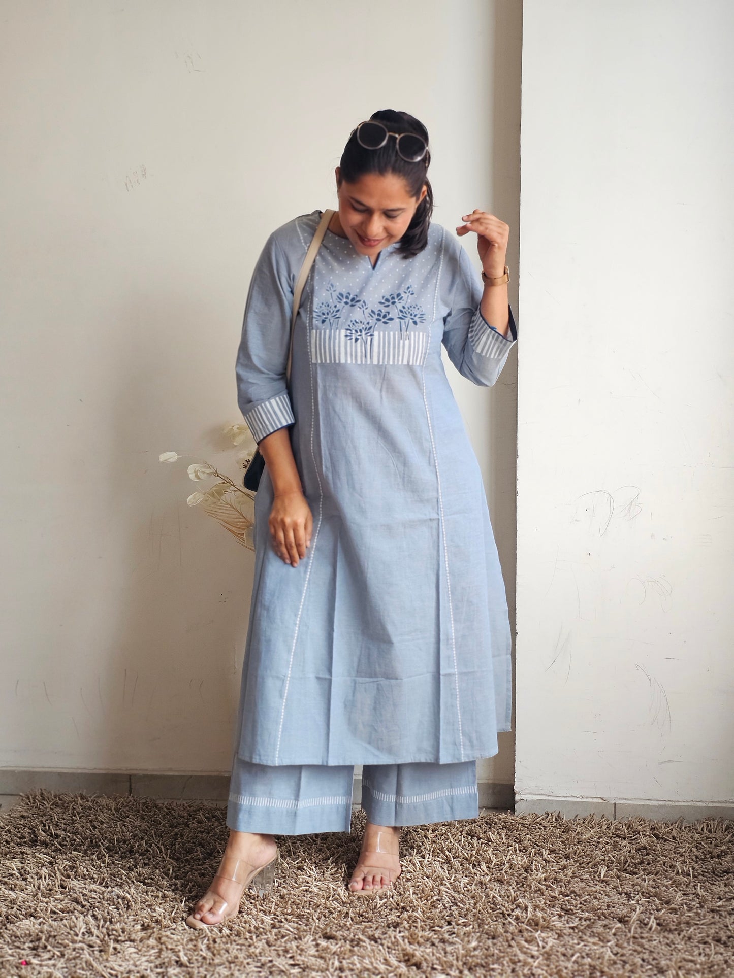 Blue Floral Yoke A-Line Kurta Set
