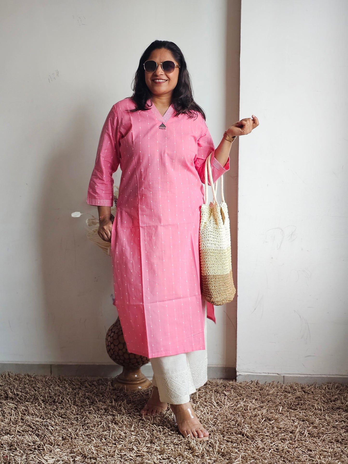 Pink V-Neck Straight Only Kurti