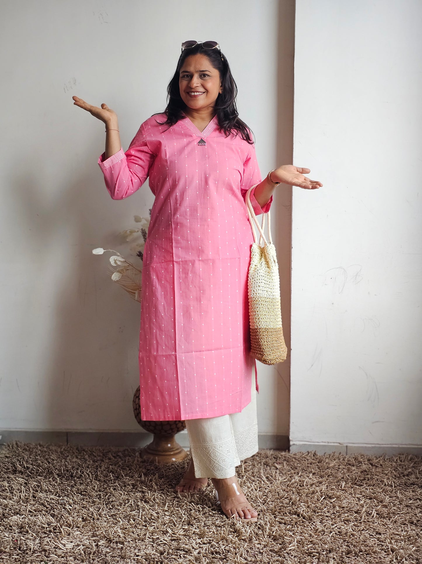 Pink V-Neck Straight Only Kurti