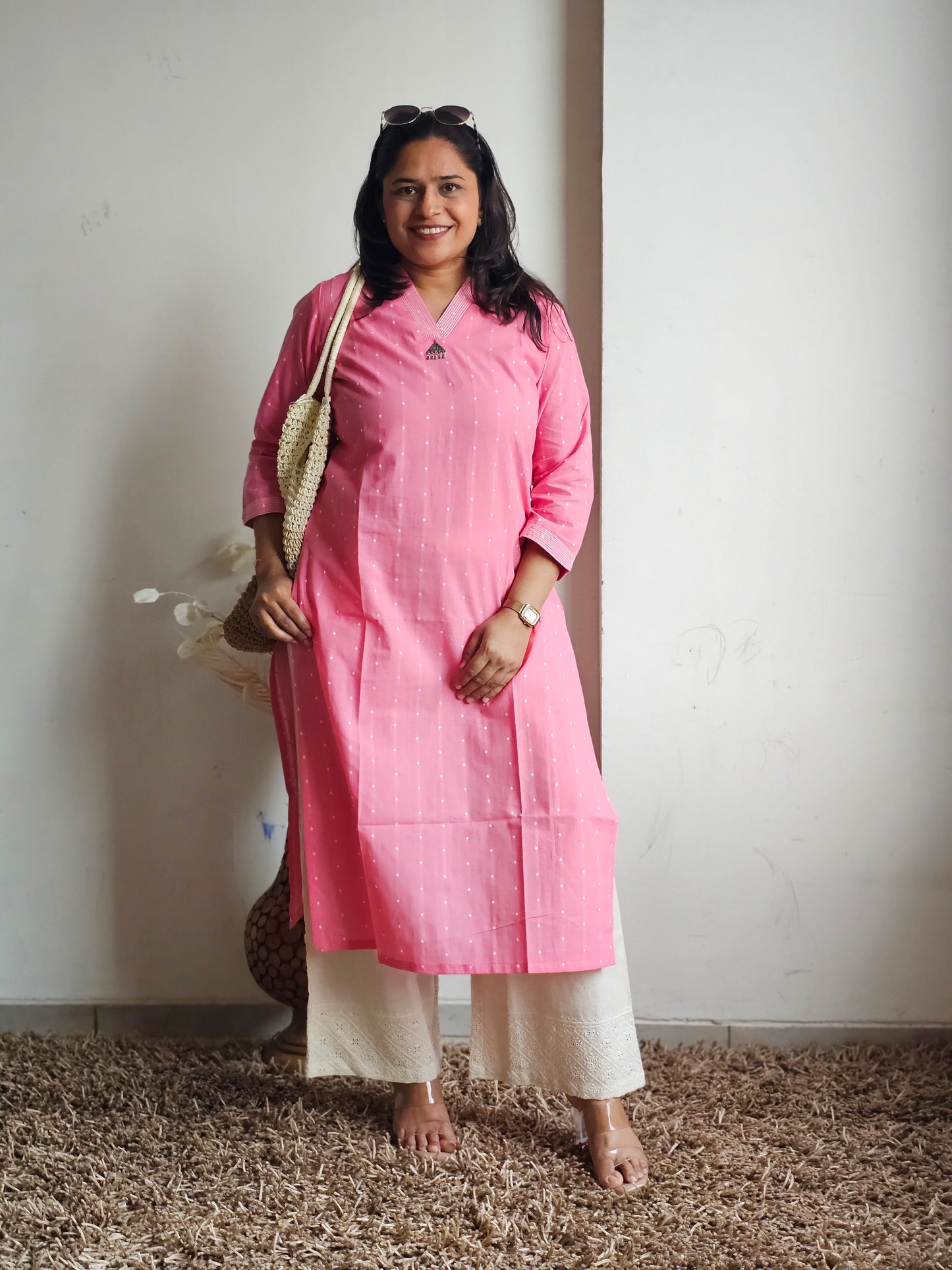 Pink V-Neck Straight Only Kurti