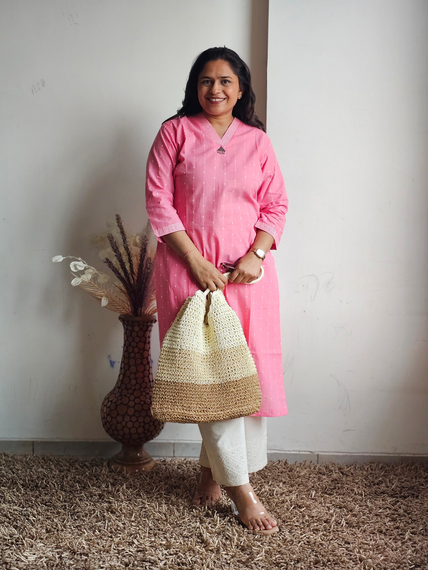 Pink V-Neck Straight Only Kurti