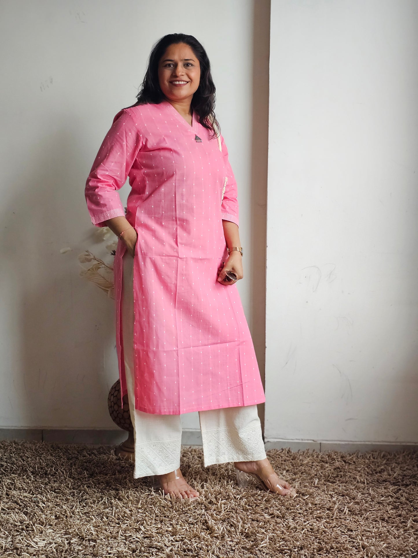 Pink V-Neck Straight Only Kurti