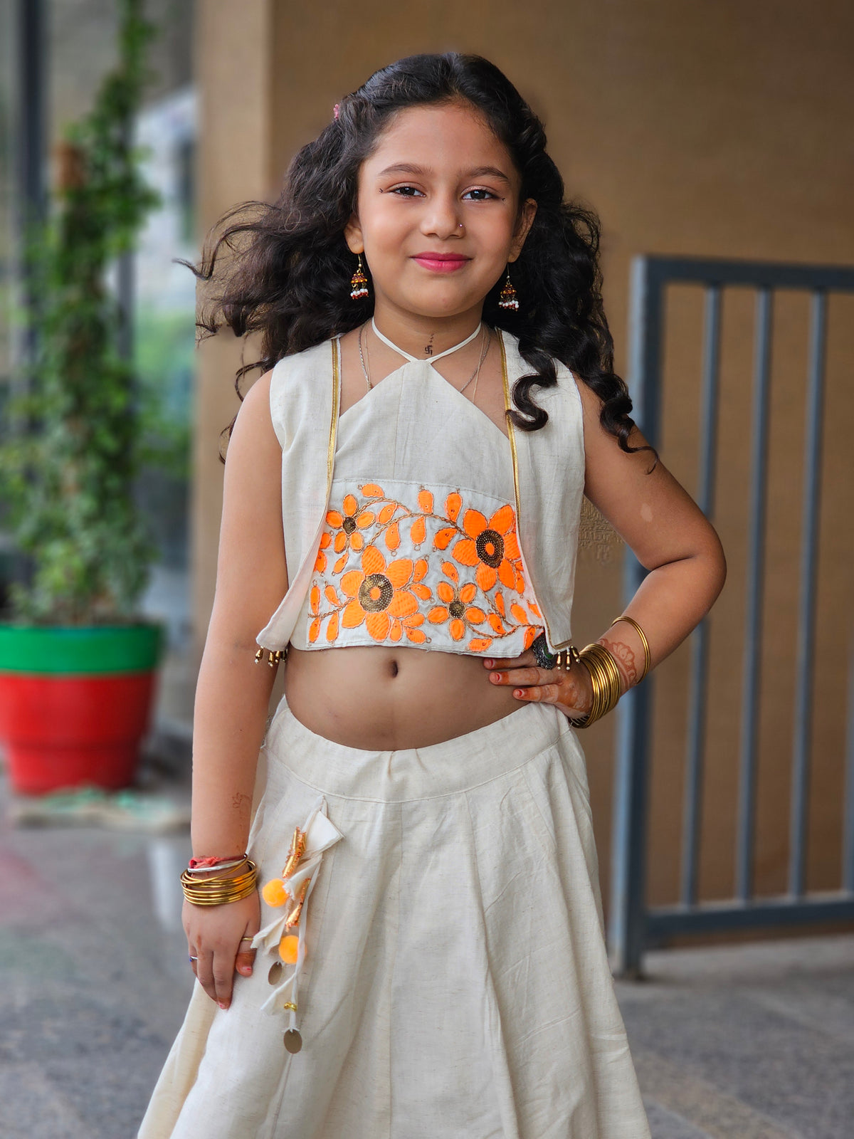 Off-White & Orange Floral Jacket Lehenga Set