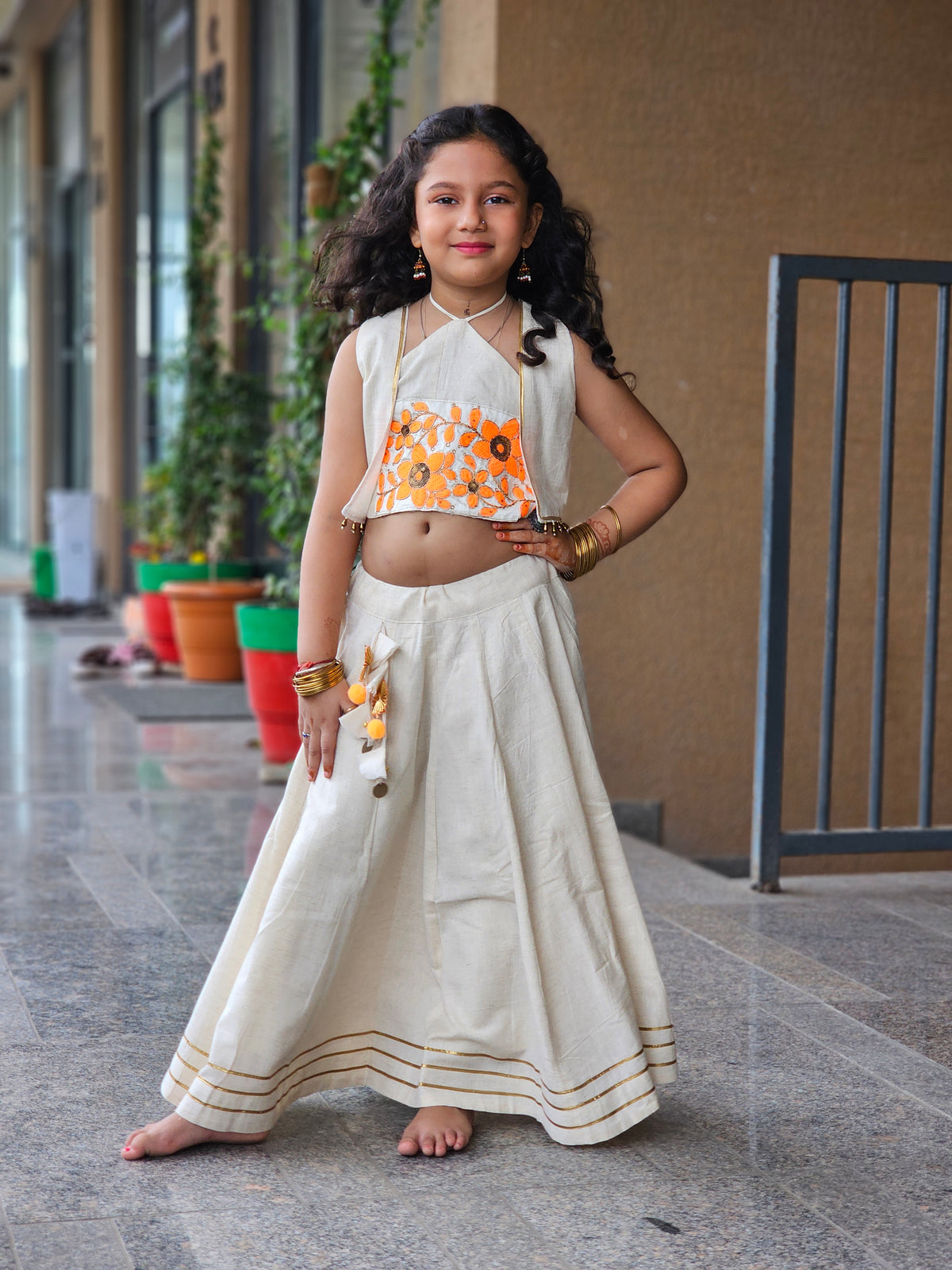 Off-White & Orange Floral Jacket Lehenga Set