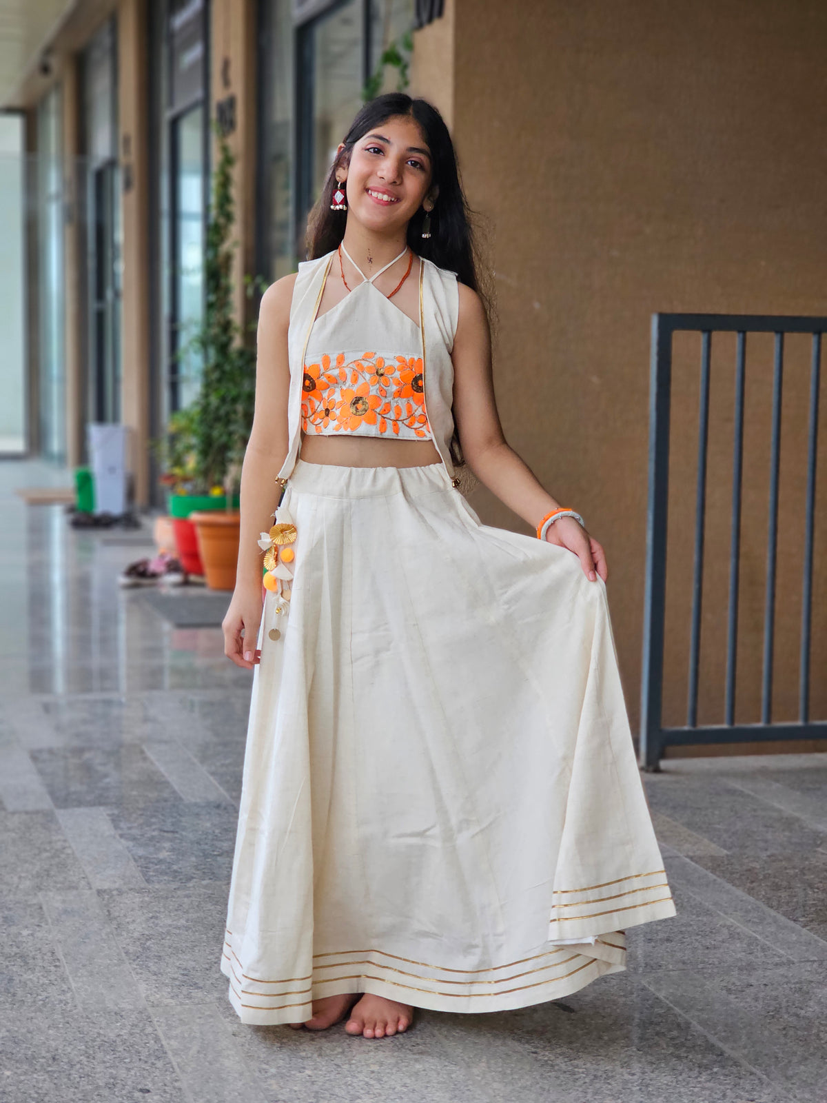 Off-White & Orange Floral Jacket Lehenga Set