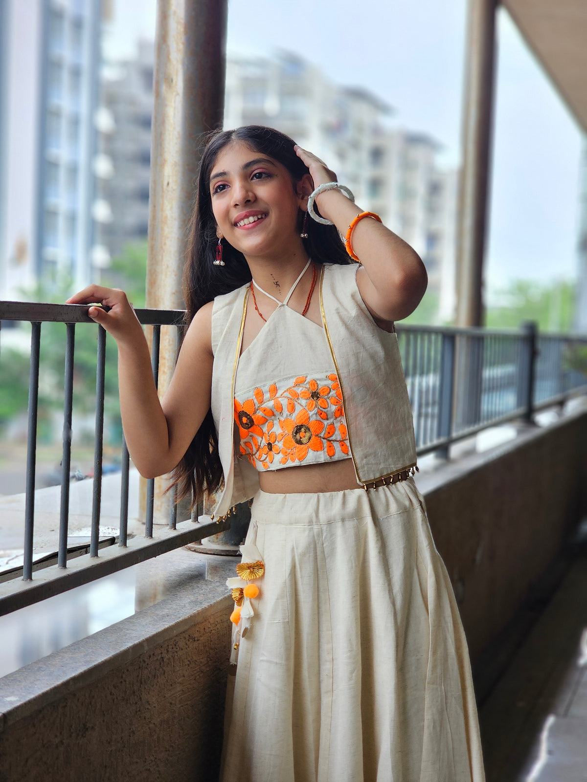 Off-White & Orange Floral Jacket Lehenga Set