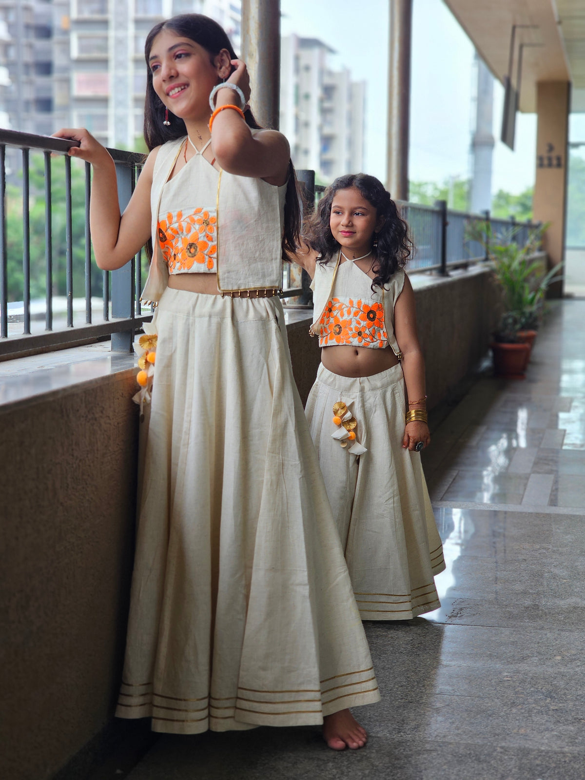 Off-White & Orange Floral Jacket Lehenga Set