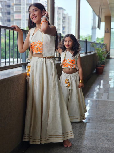 Off-White & Orange Floral Jacket Lehenga Set