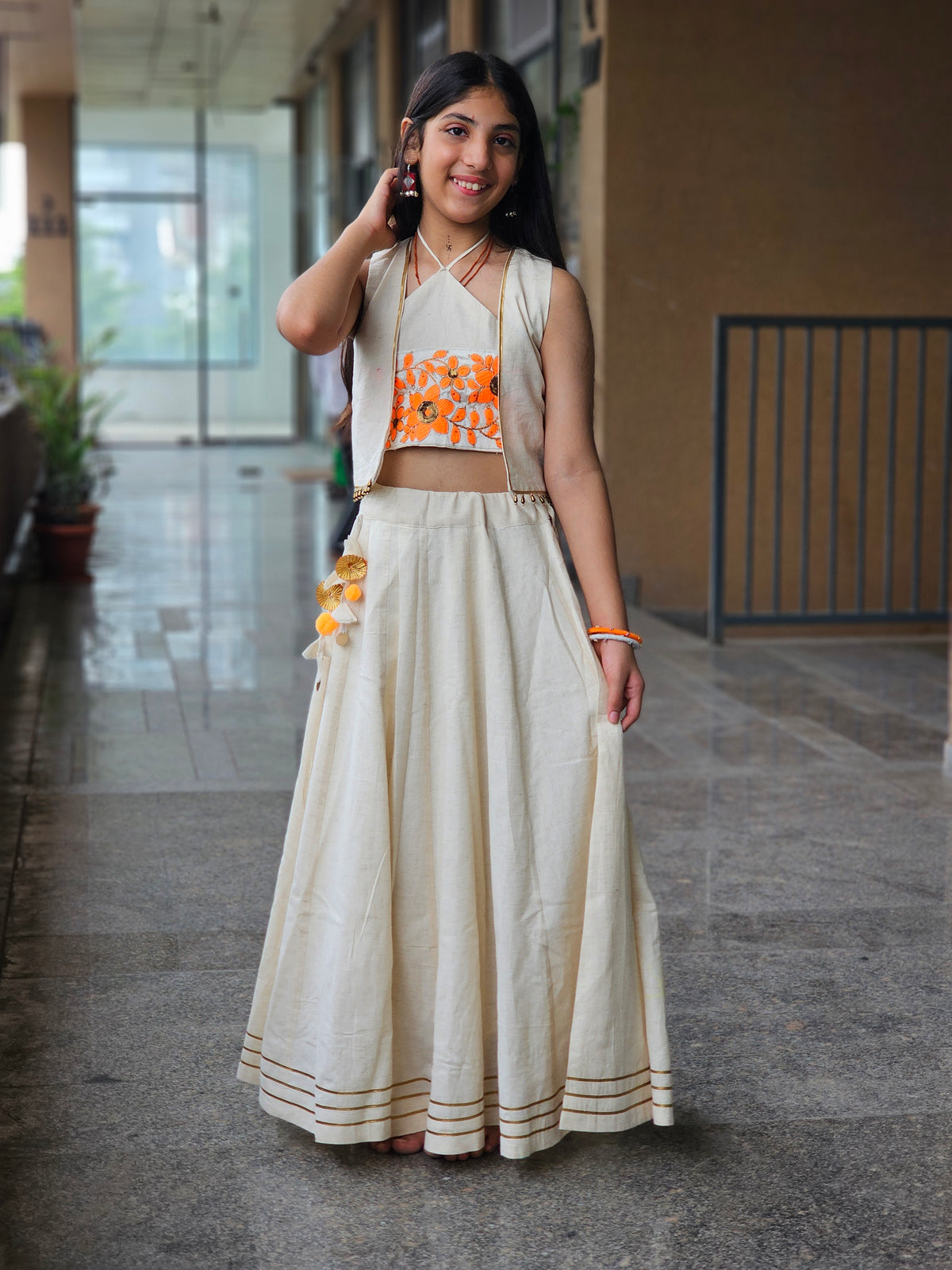 Off-White & Orange Floral Jacket Lehenga Set