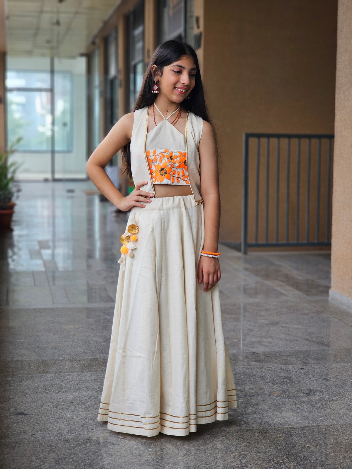 Off-White & Orange Floral Jacket Lehenga Set