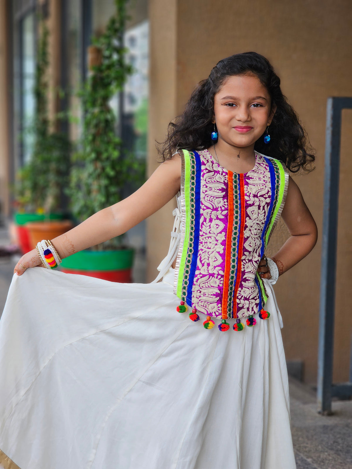Off-White Embroidered Koti Chaniya choli Set