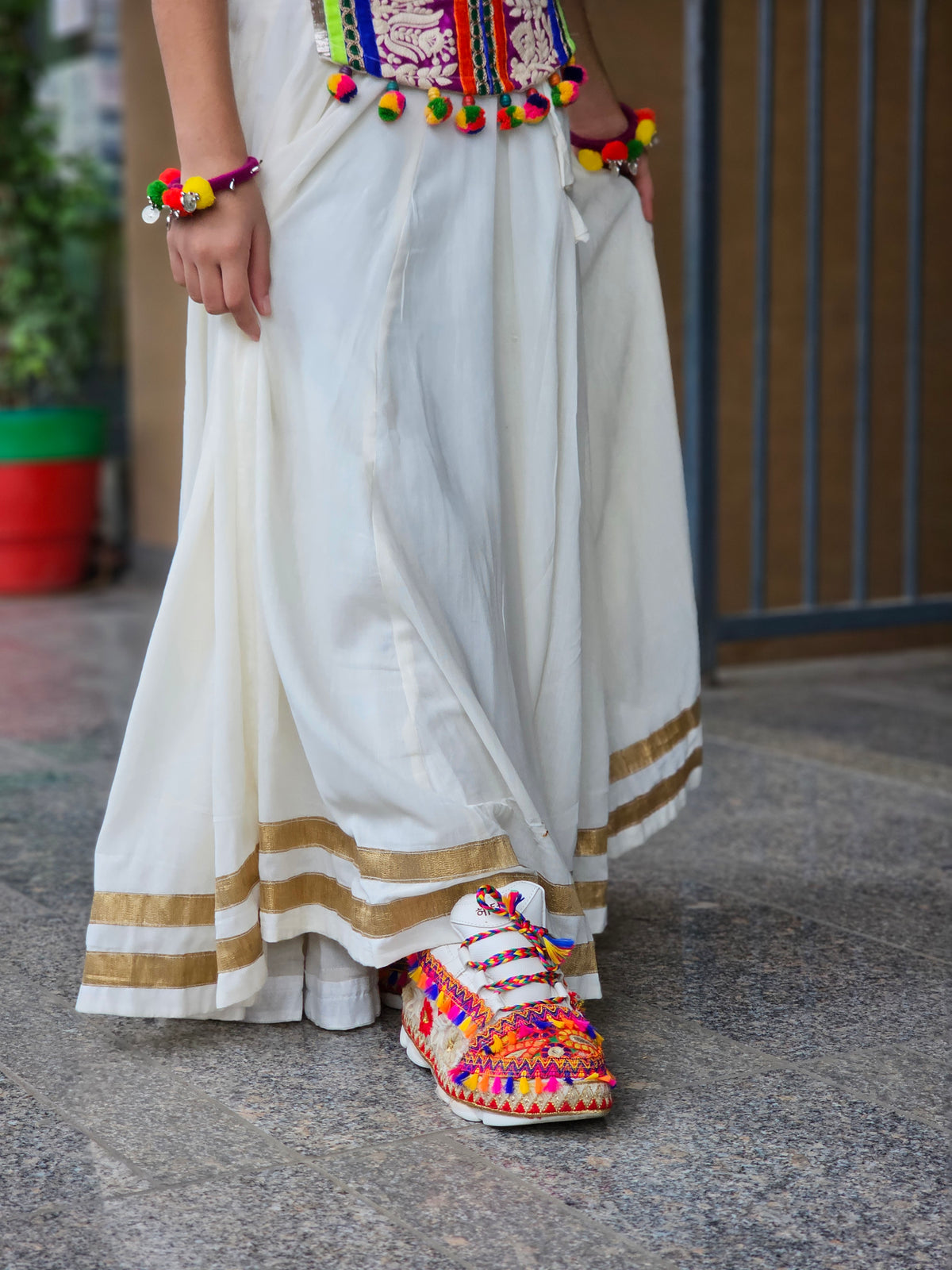Off-White Embroidered Koti Chaniya choli Set
