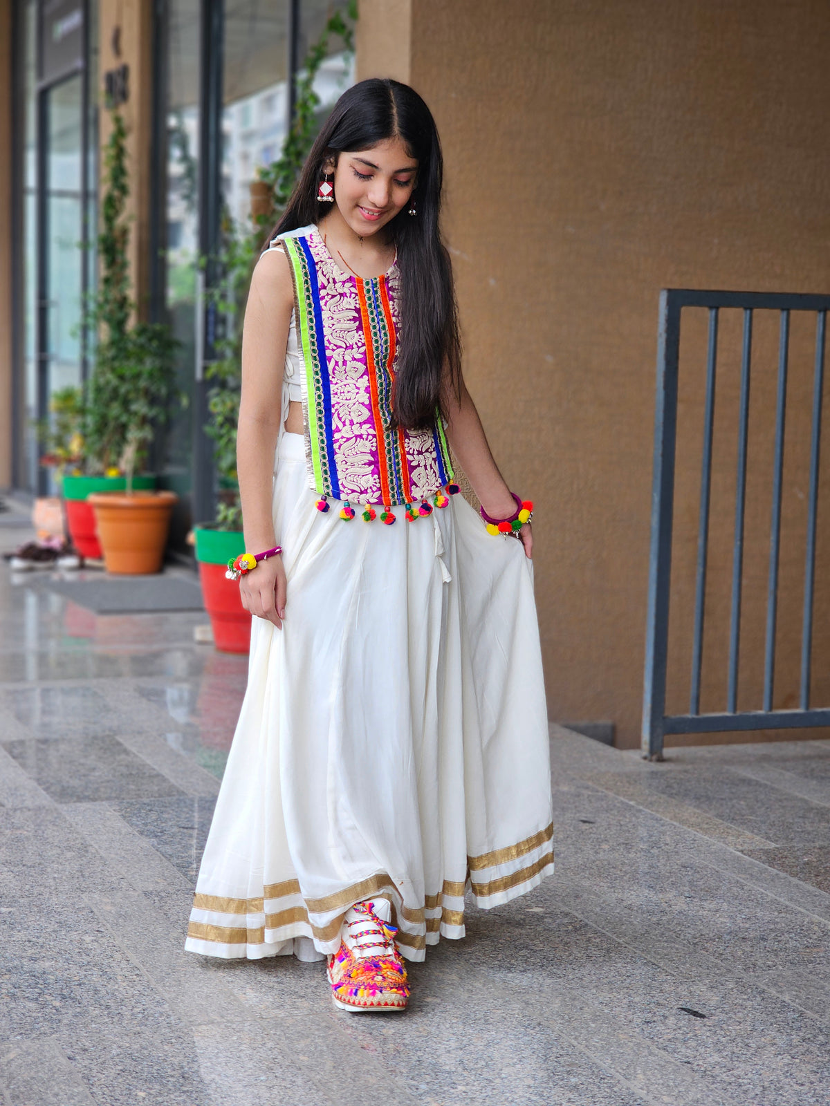 Off-White Embroidered Koti Chaniya choli Set
