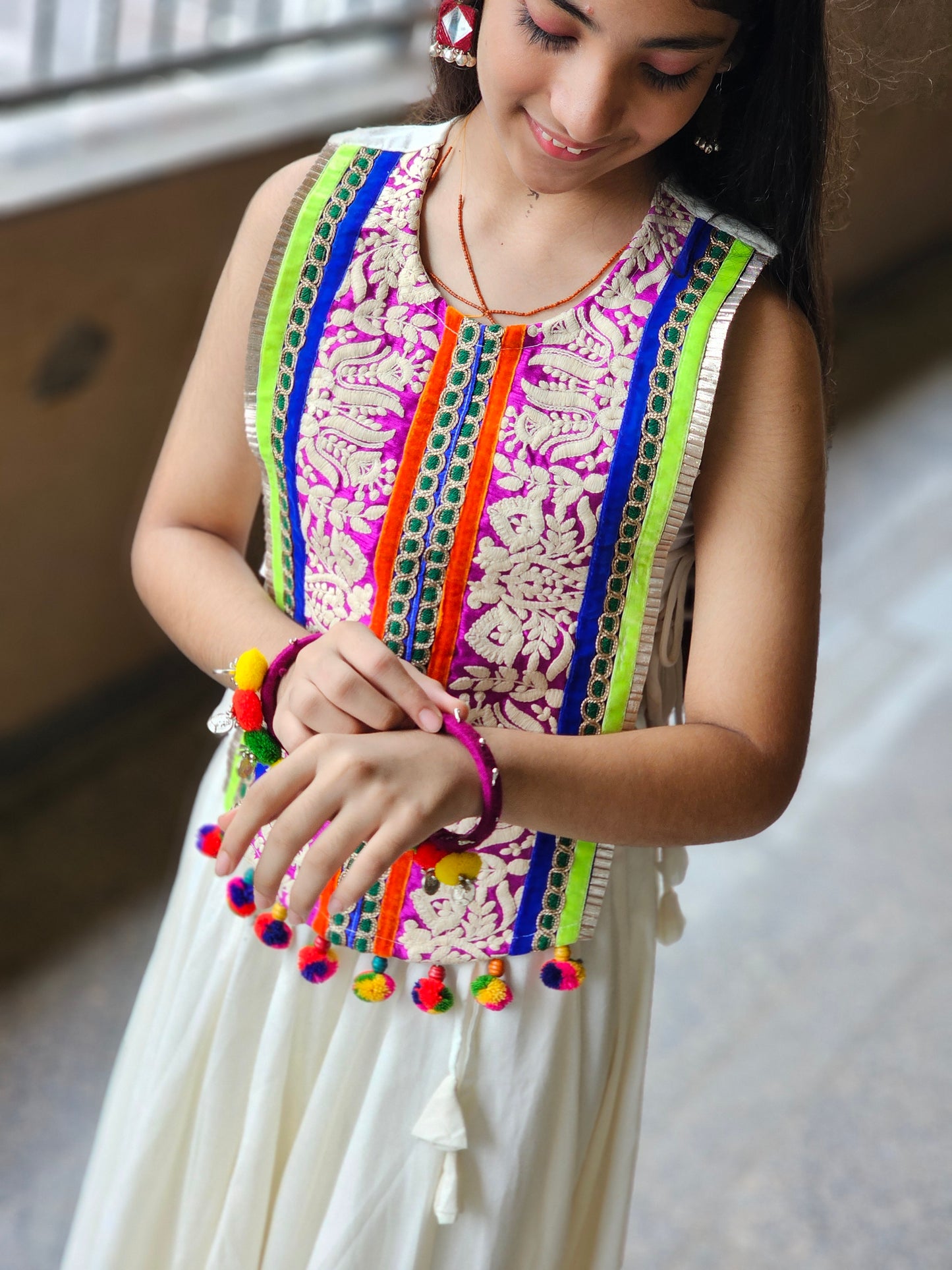 Off-White Embroidered Koti Chaniya choli Set