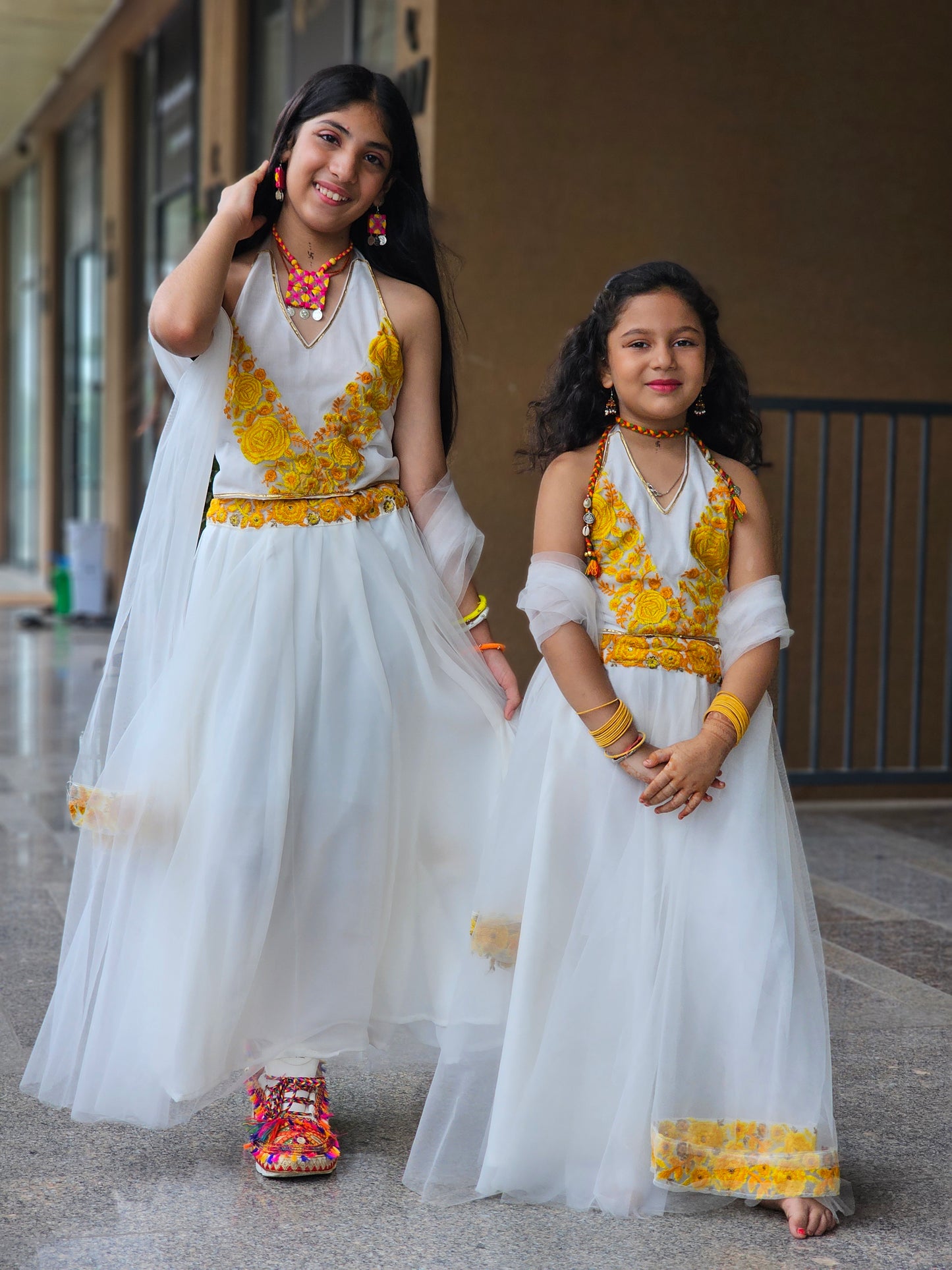 White & Yellow Floral Embroidered Lehenga Set