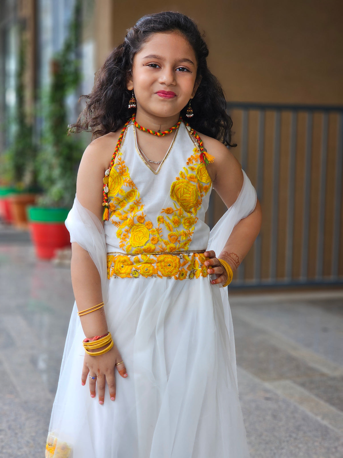White & Yellow Floral Embroidered Lehenga Set