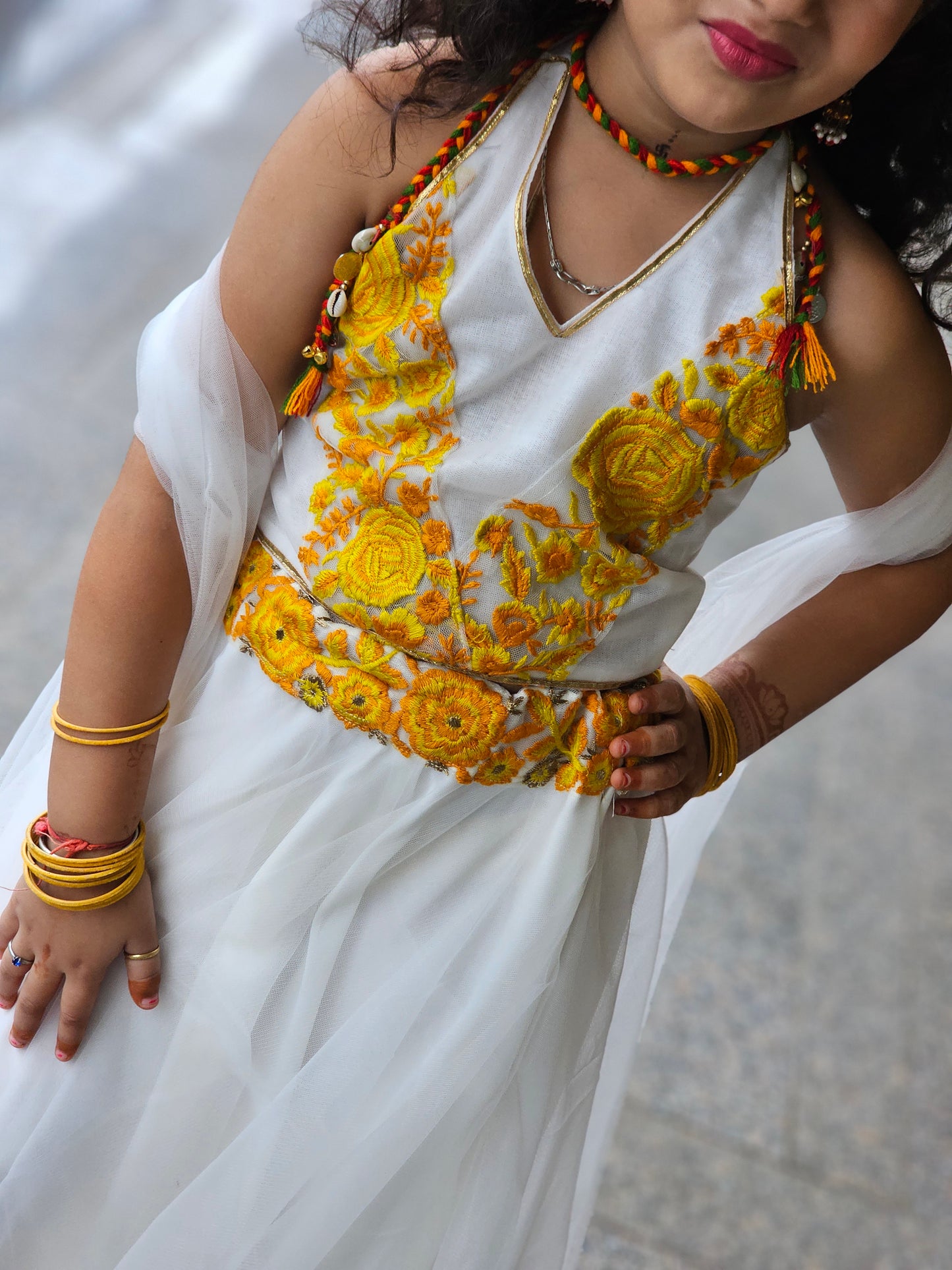 White & Yellow Floral Embroidered Lehenga Set