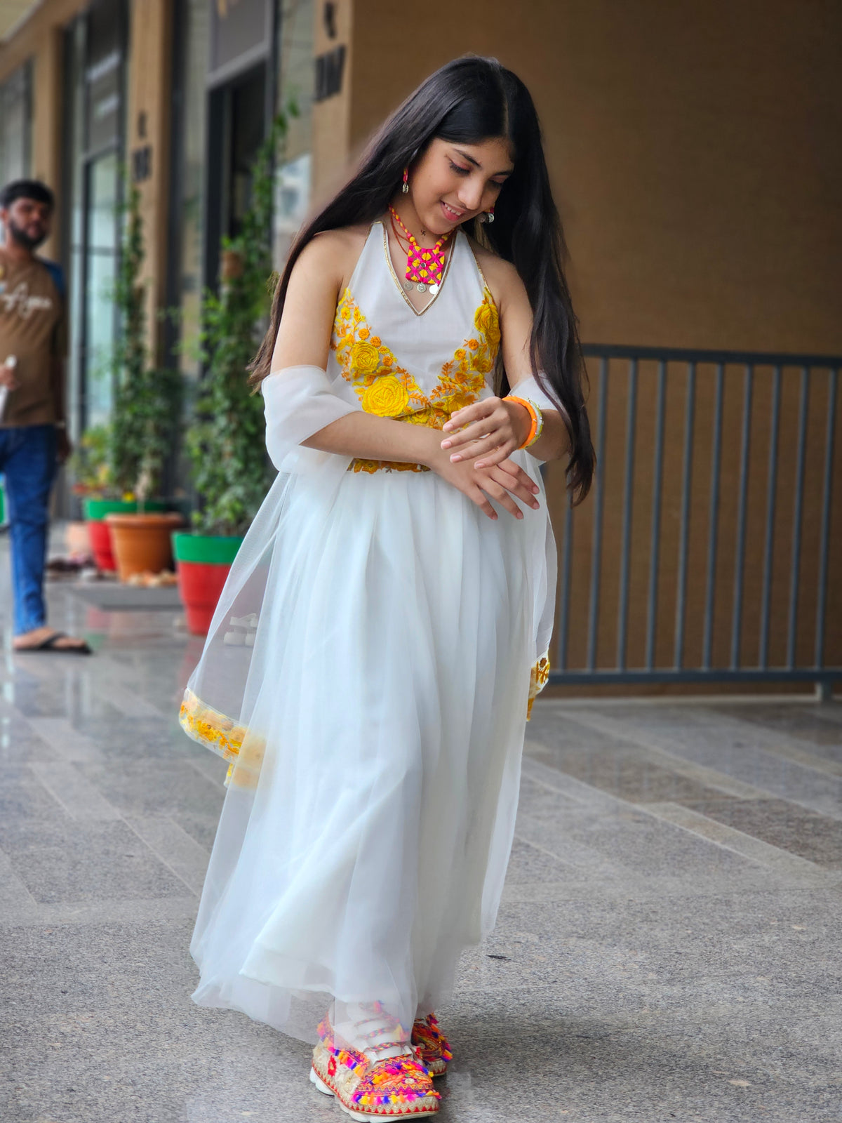 White & Yellow Floral Embroidered Lehenga Set
