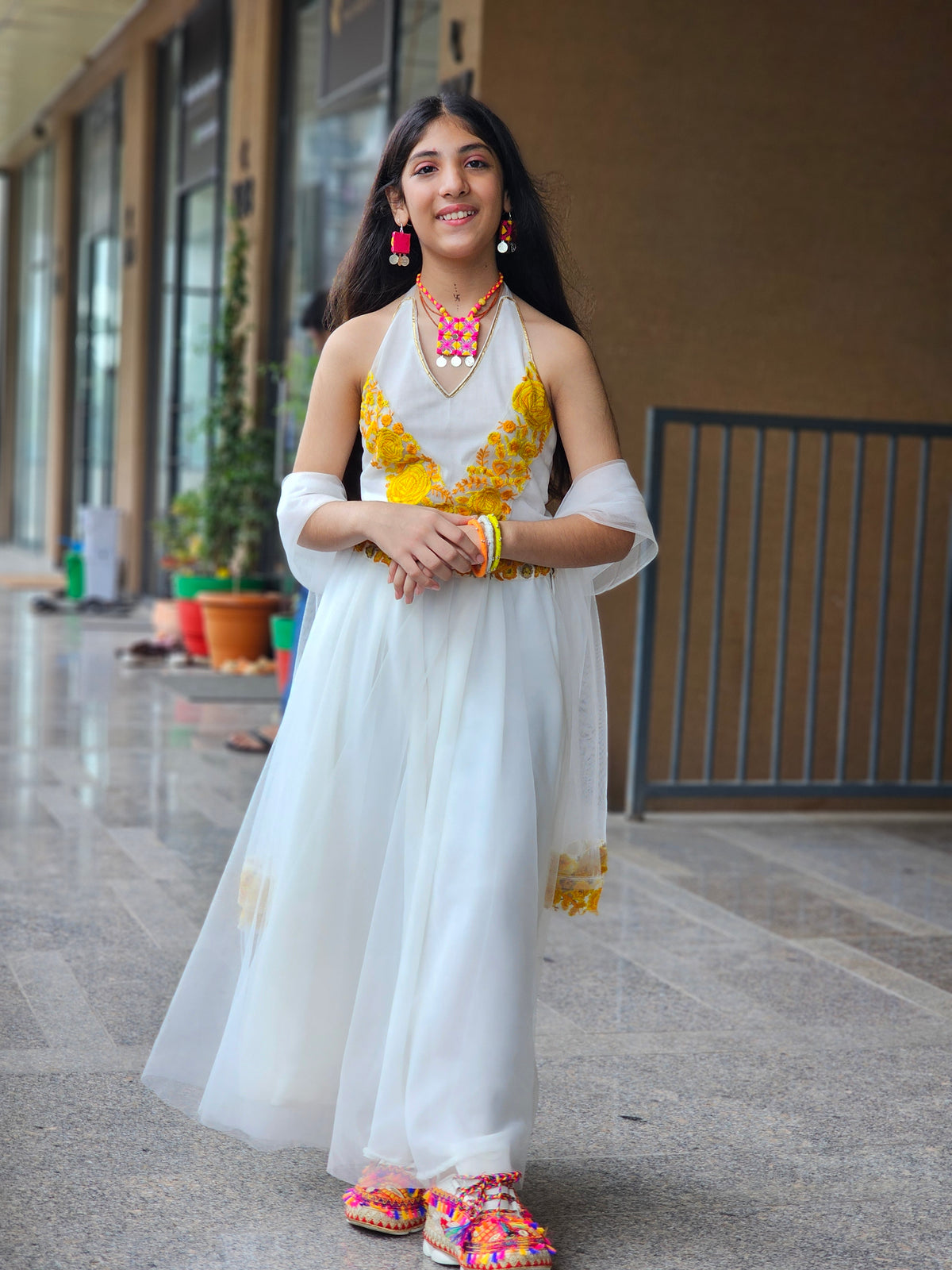 White & Yellow Floral Embroidered Lehenga Set