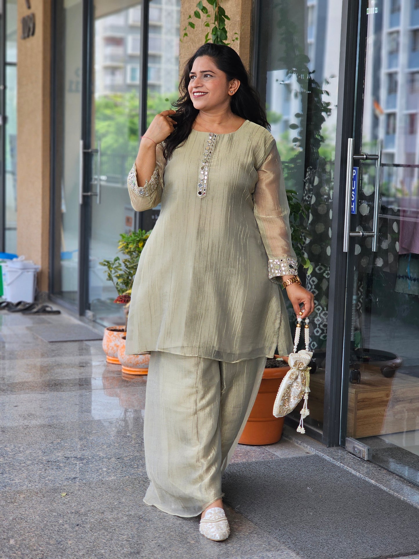Pistachio Gold Tissue Suit Set