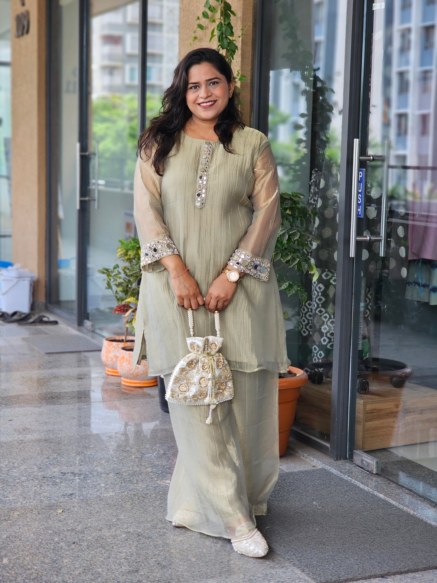 Pistachio Gold Tissue Suit Set