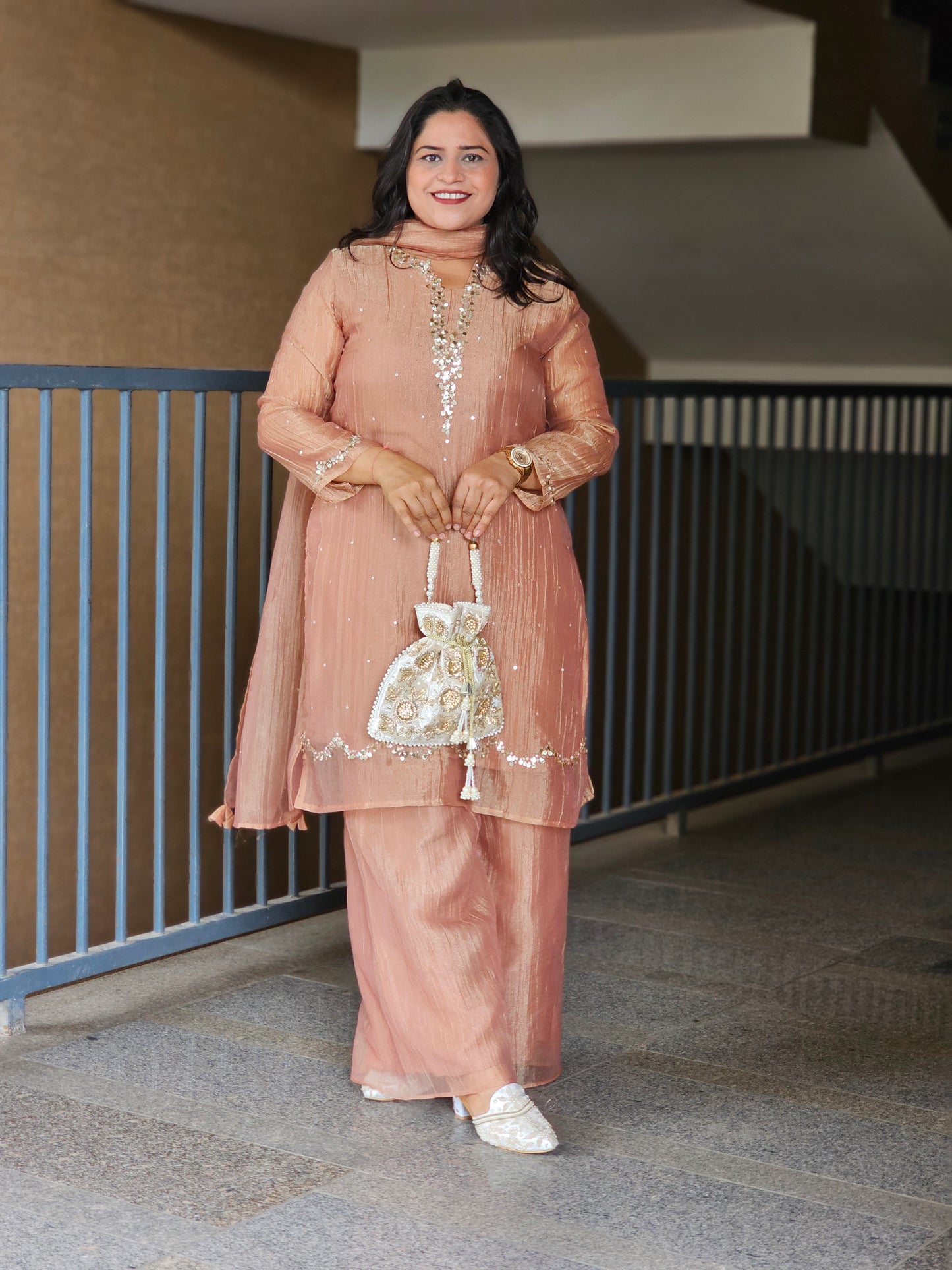 Rose Gold Tissue Silk Embellished Suit Set