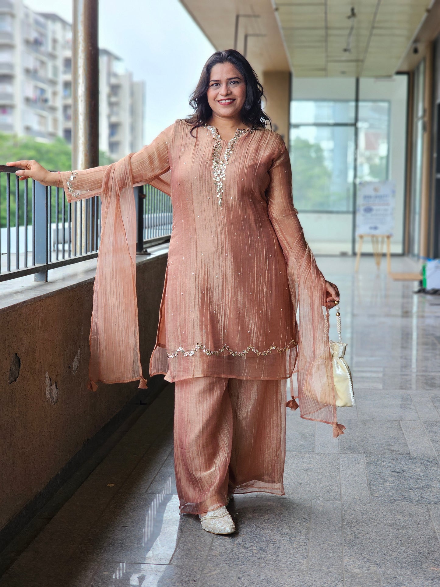 Rose Gold Tissue Silk Embellished Suit Set