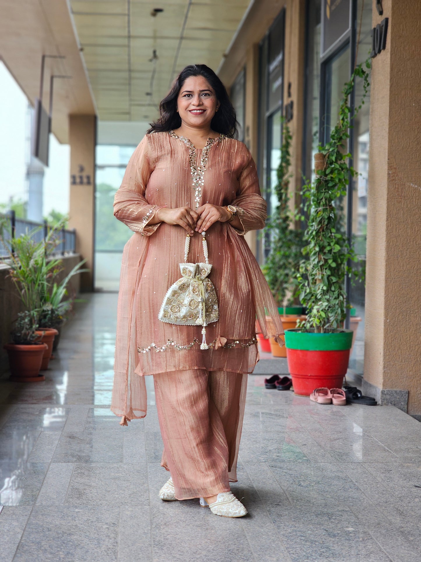 Rose Gold Tissue Silk Embellished Suit Set