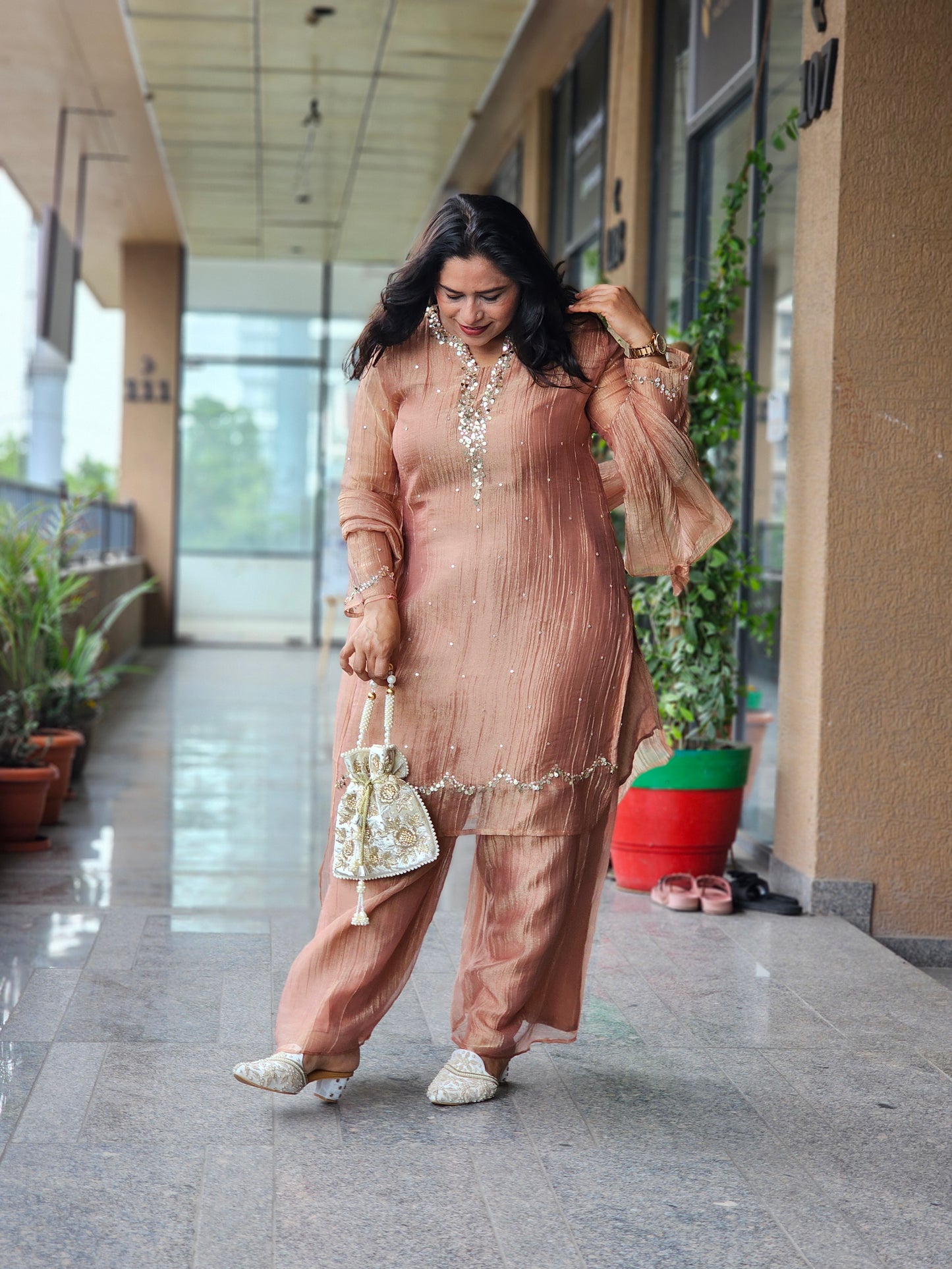 Rose Gold Tissue Silk Embellished Suit Set