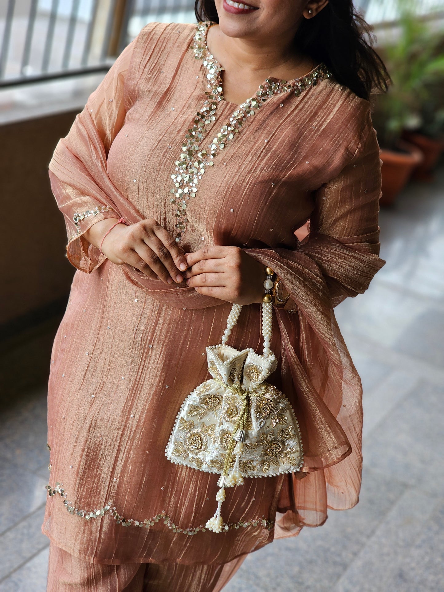Rose Gold Tissue Silk Embellished Suit Set