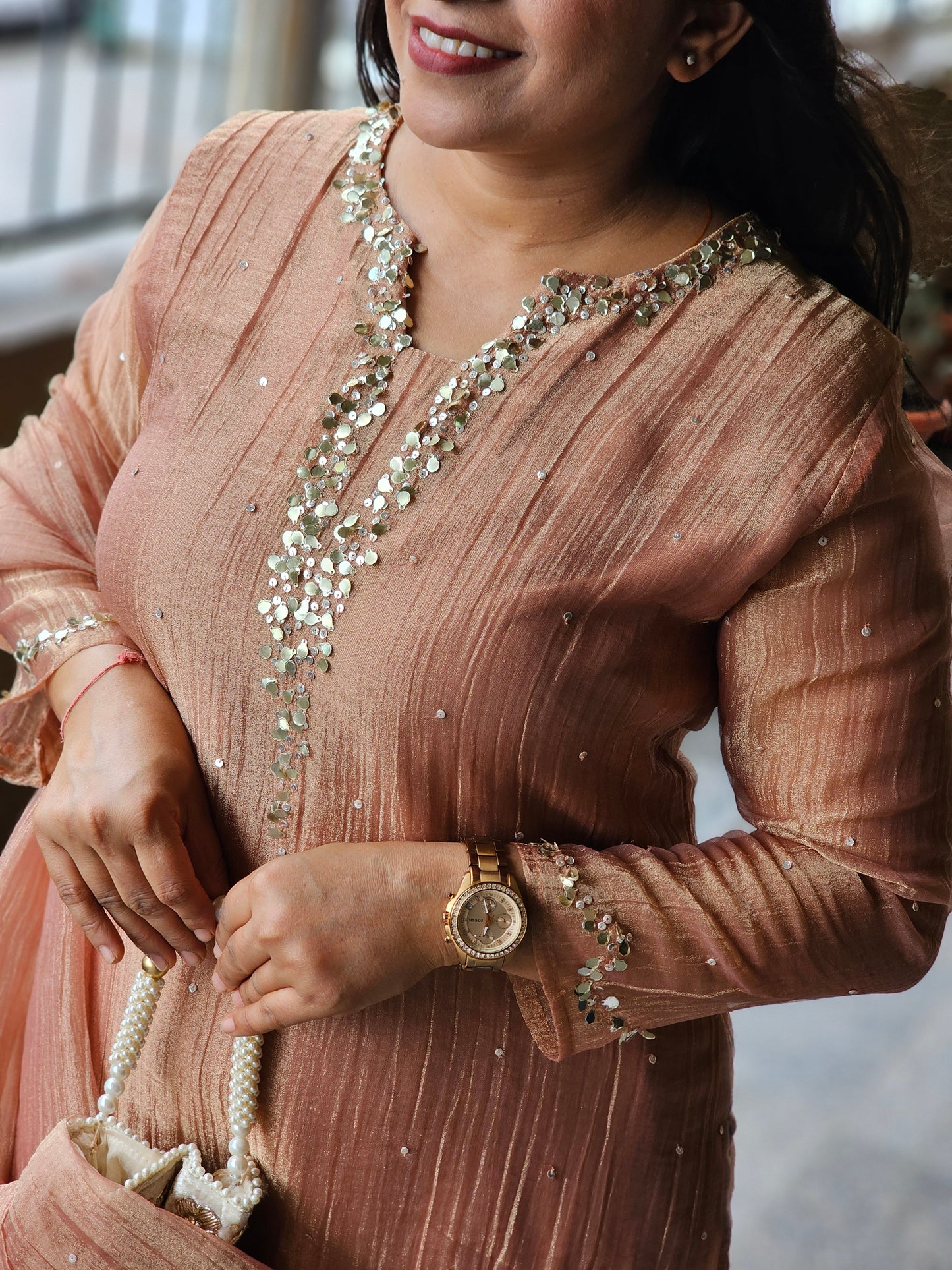 Rose Gold Tissue Silk Embellished Suit Set