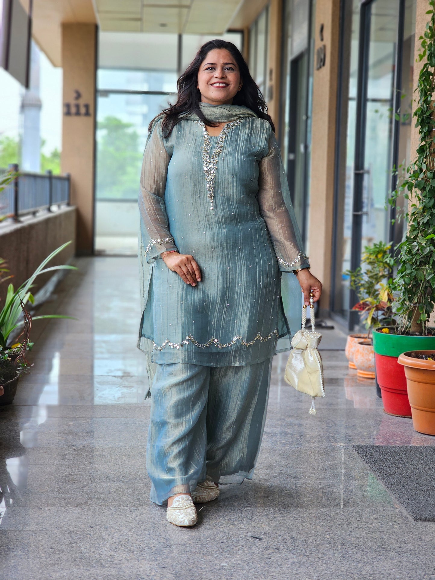 Blue Sequined Work Tissue Suit Set