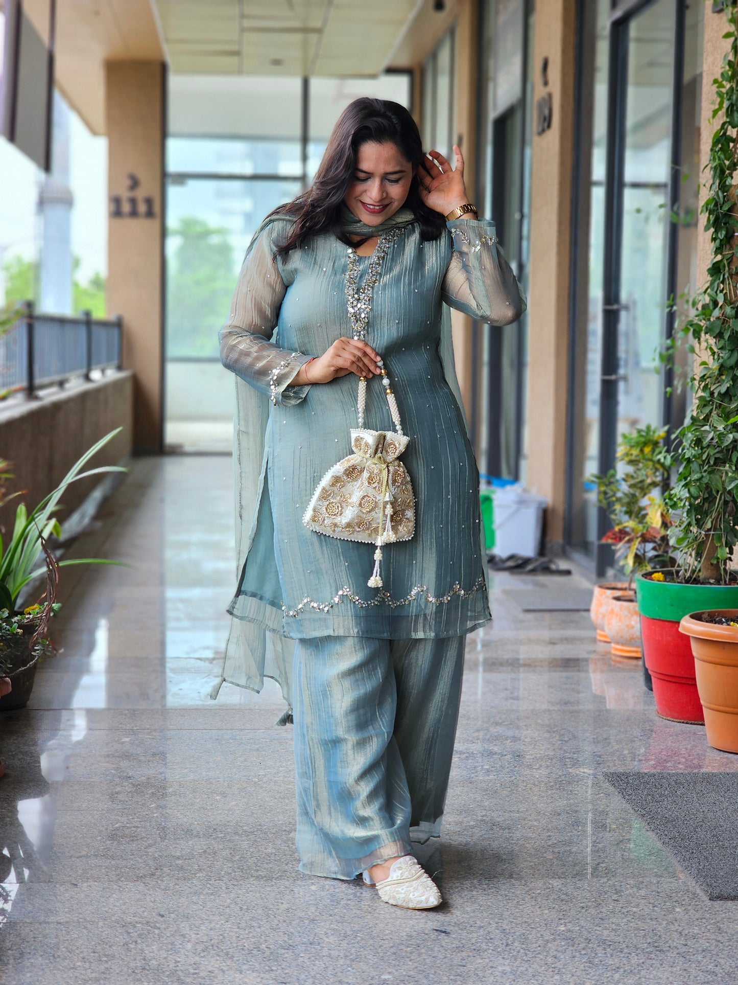 Blue Sequined Work Tissue Suit Set