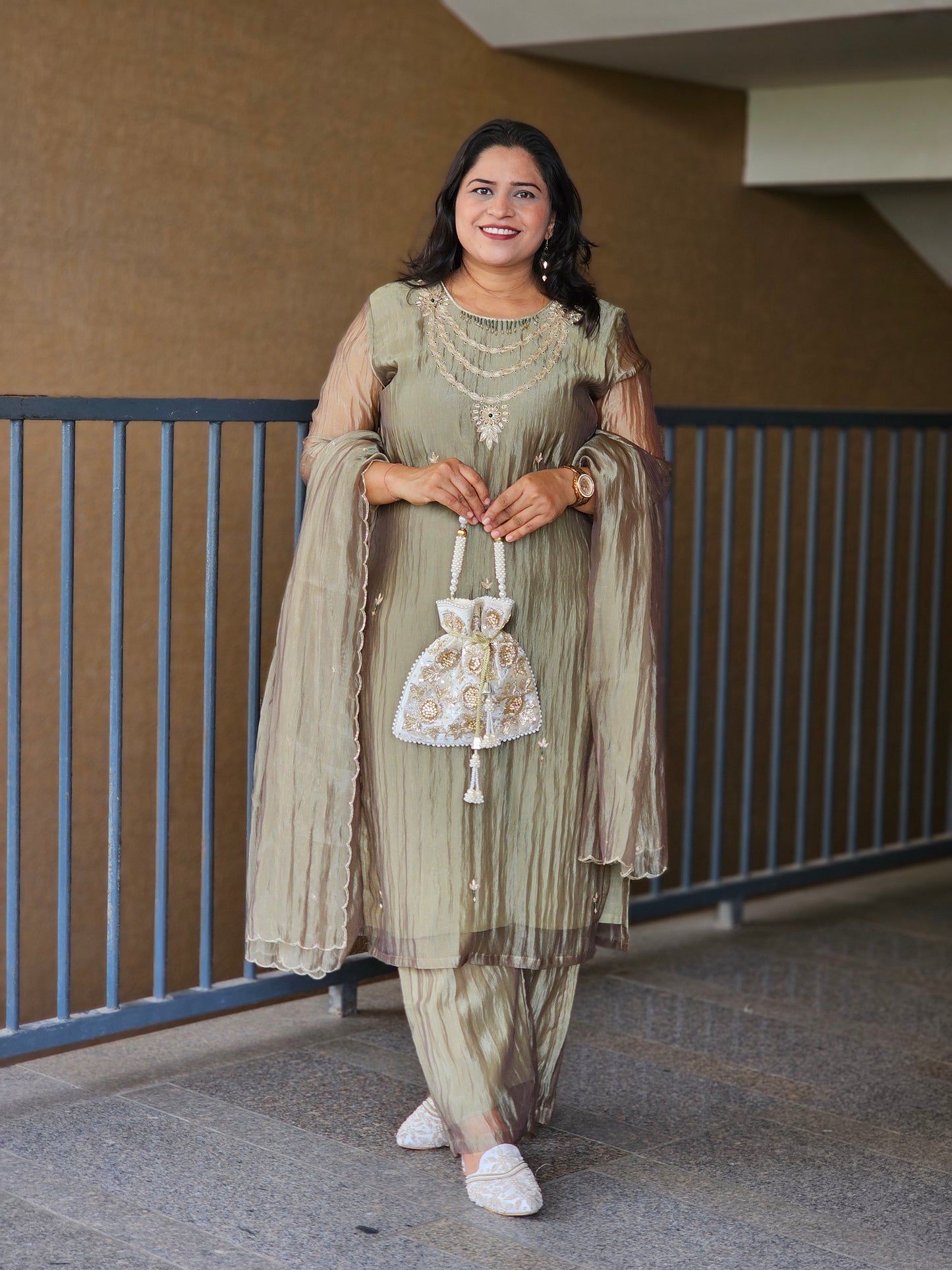 Olive Hand-Embroidered Festive Suit Set