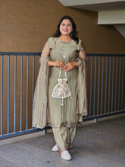 Olive Hand-Embroidered Festive Suit Set