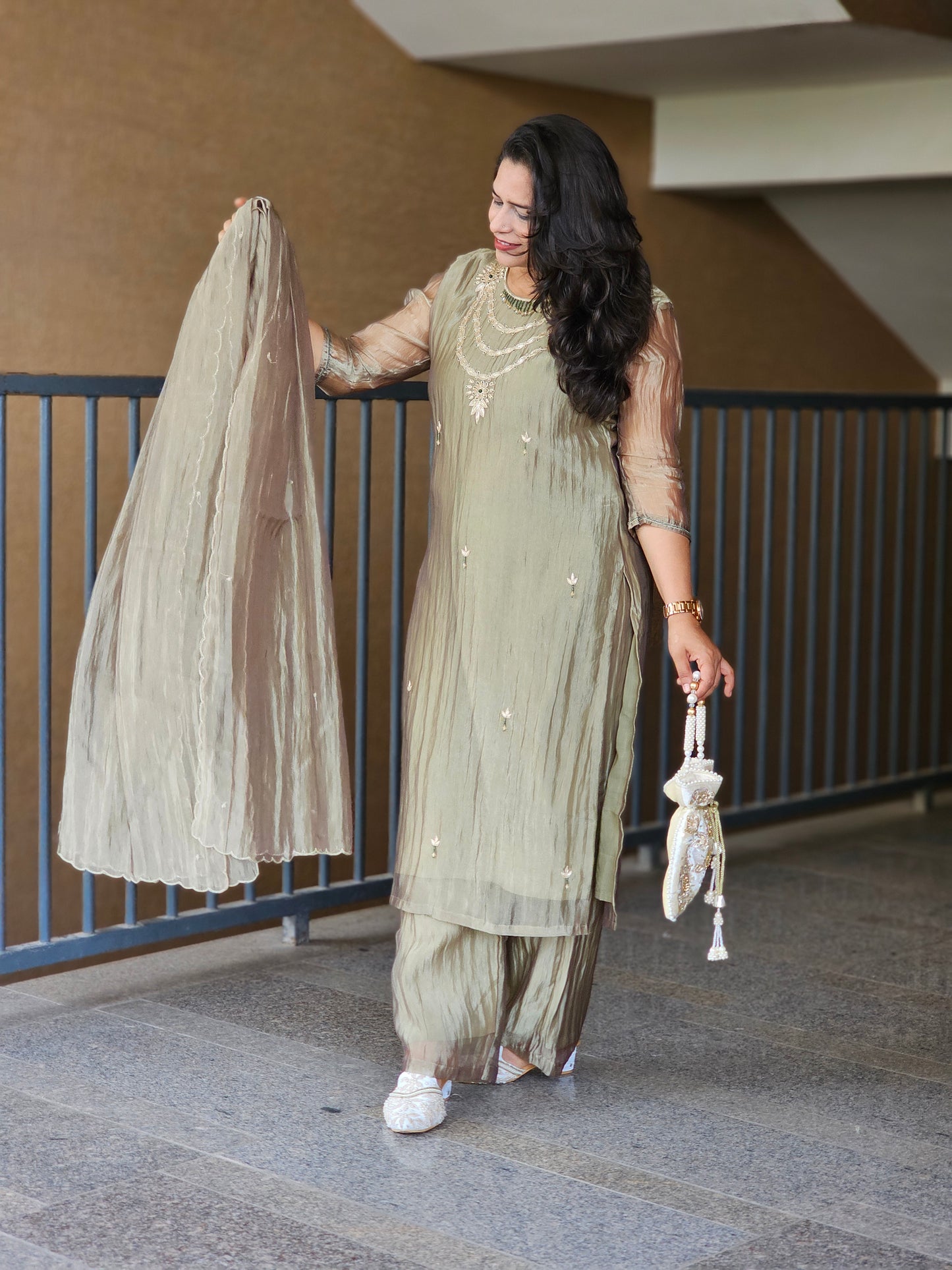 Olive Hand-Embroidered Festive Suit Set