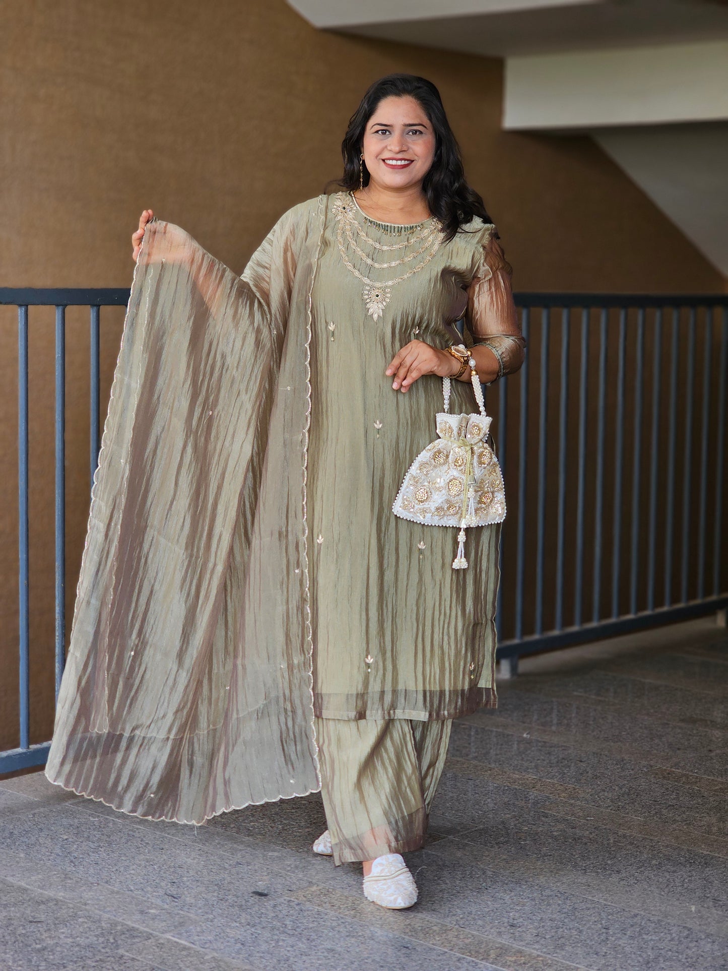 Olive Hand-Embroidered Festive Suit Set
