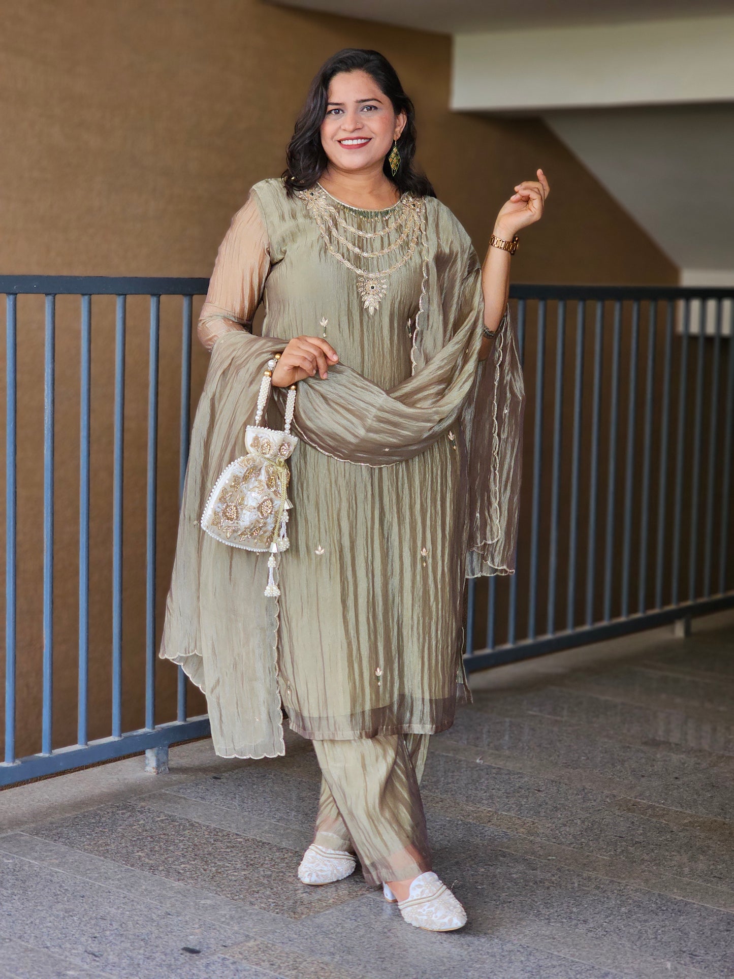 Olive Hand-Embroidered Festive Suit Set