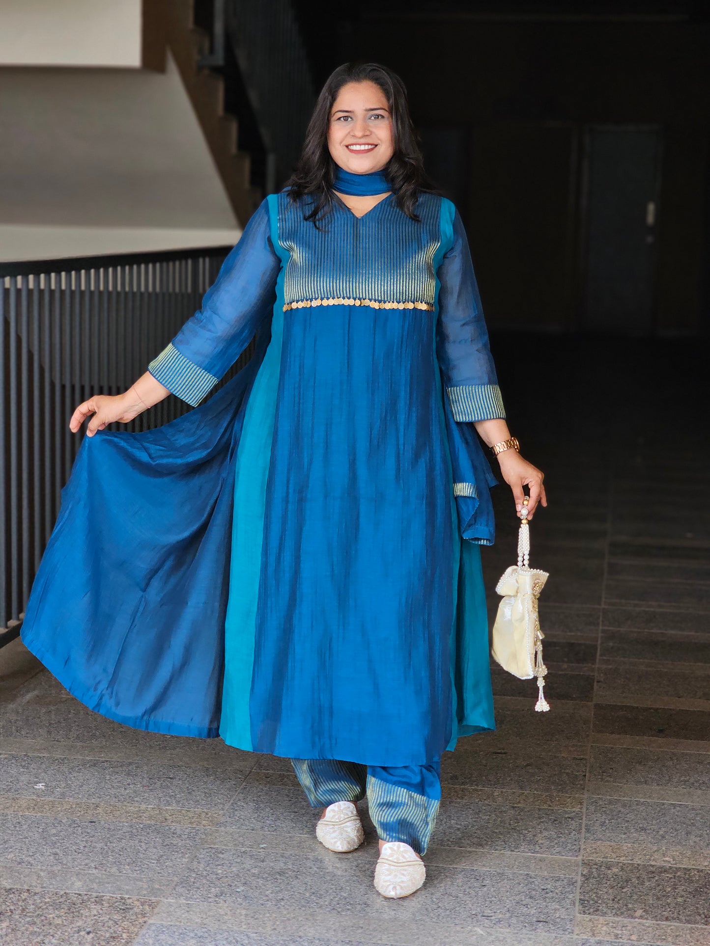 Blue Hand-Embroidered Three-Piece Suit Set
